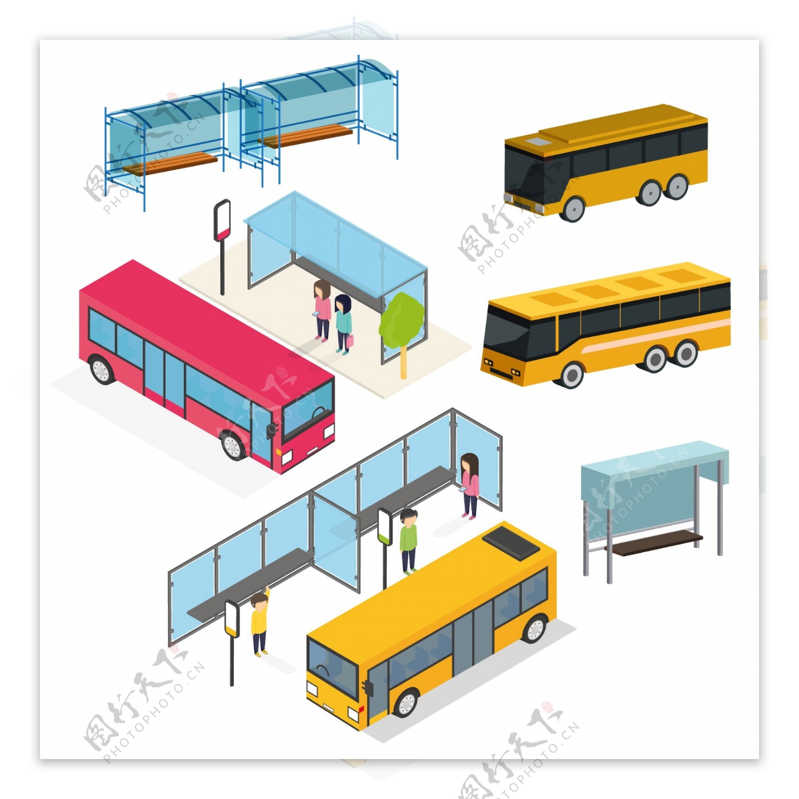 立体的公交车和站台素材
