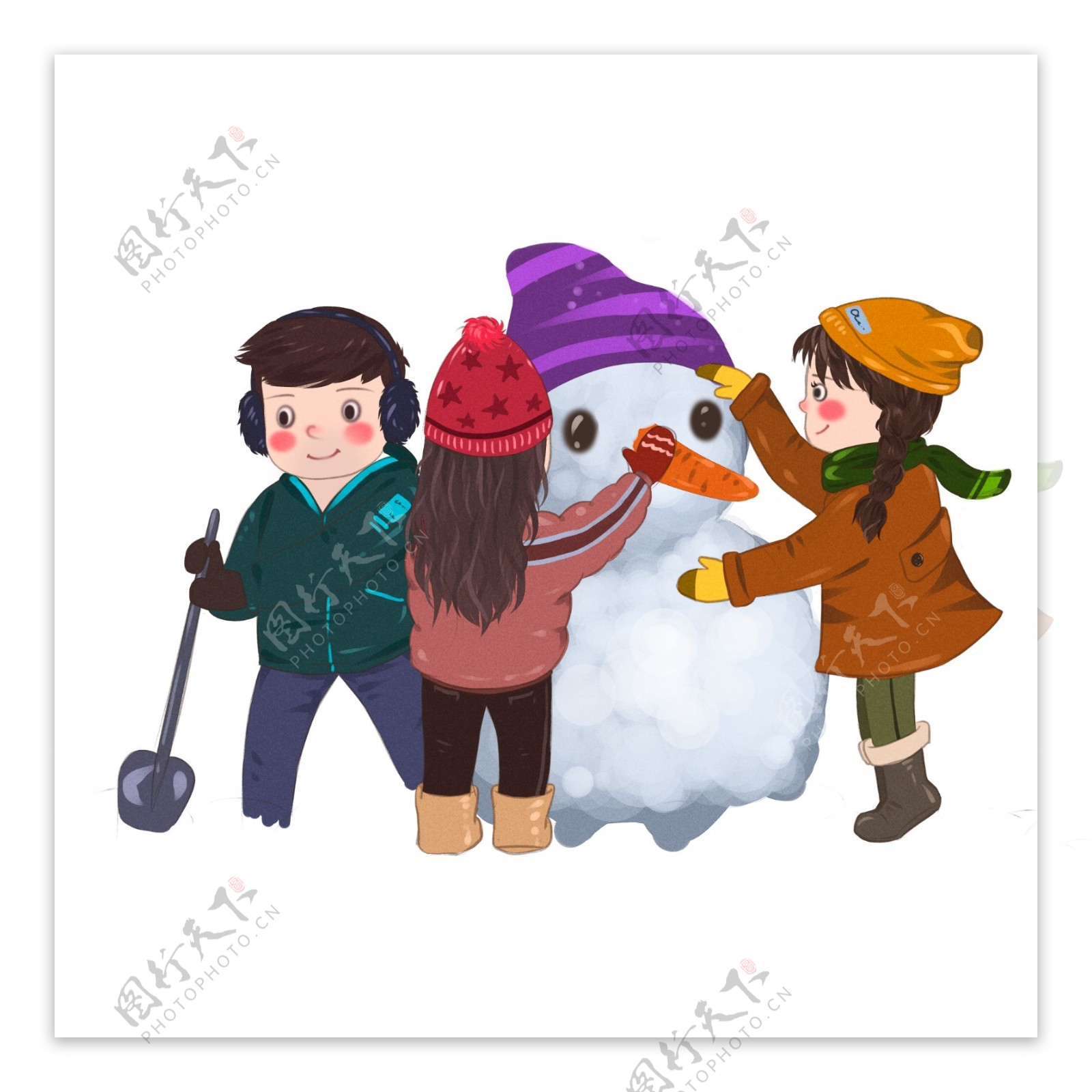 可爱堆雪人的三个小孩插画设计可商用元素