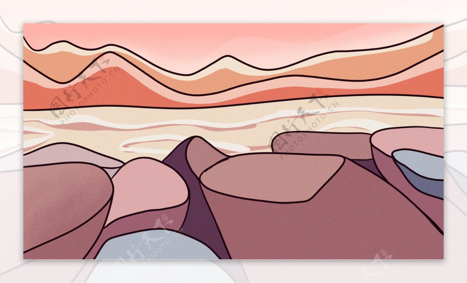 线条山水山石卡通手绘背景