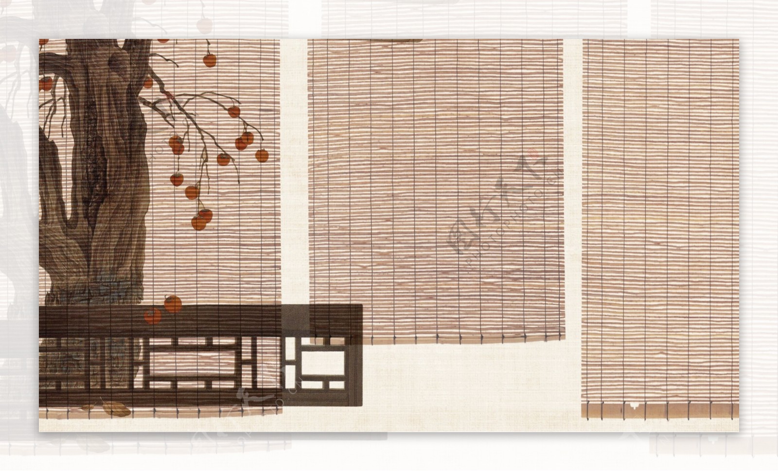 竹卷帘栏杆花树古典背景