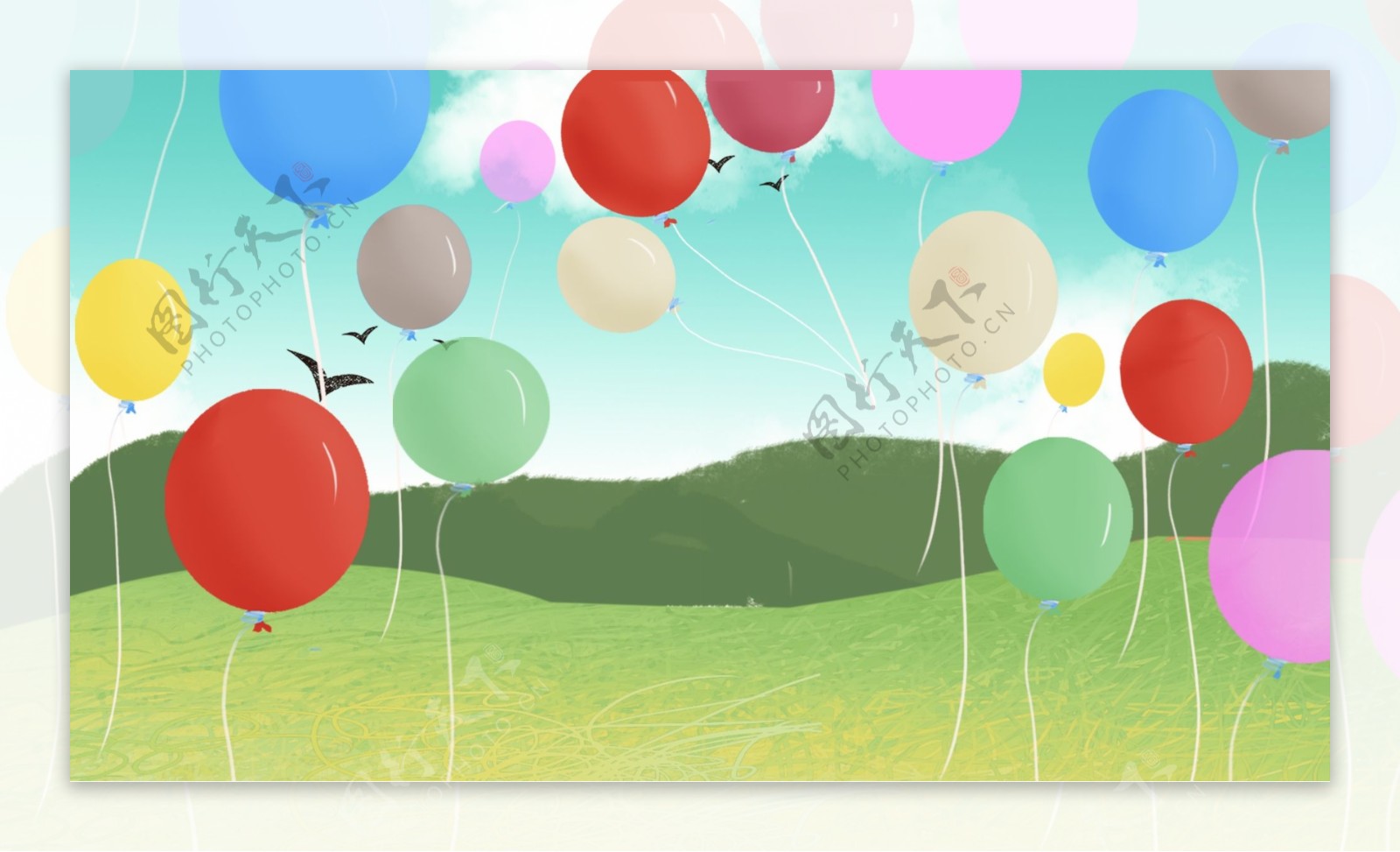 草地上空上升的彩色气球