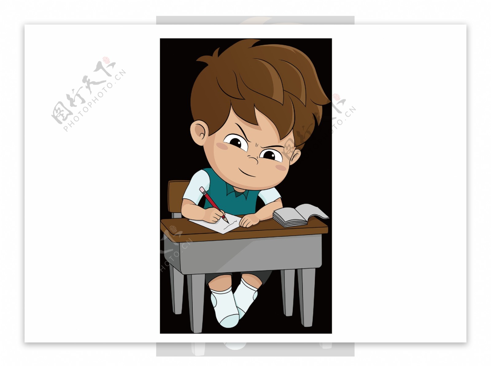 卡通学生在桌子上写作业png元素