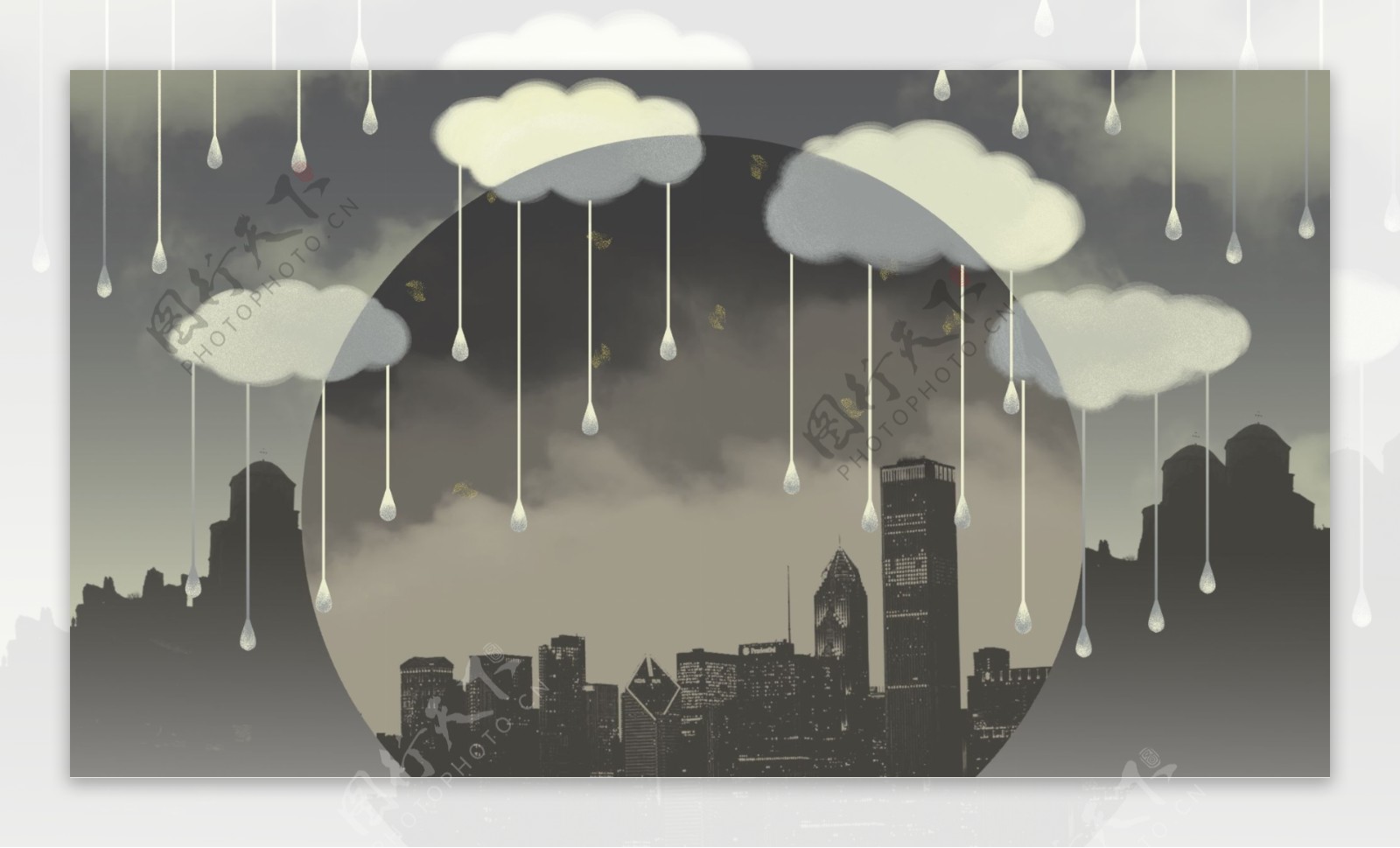 暗黑系雨中城市插画背景设计