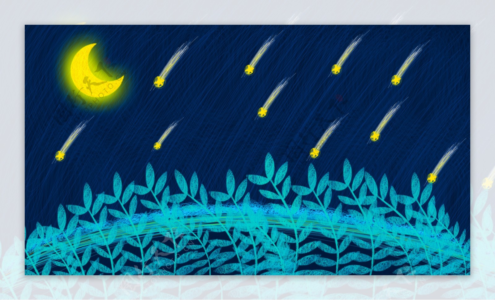 蓝色夜晚星空卡通流星雨月亮背景设计