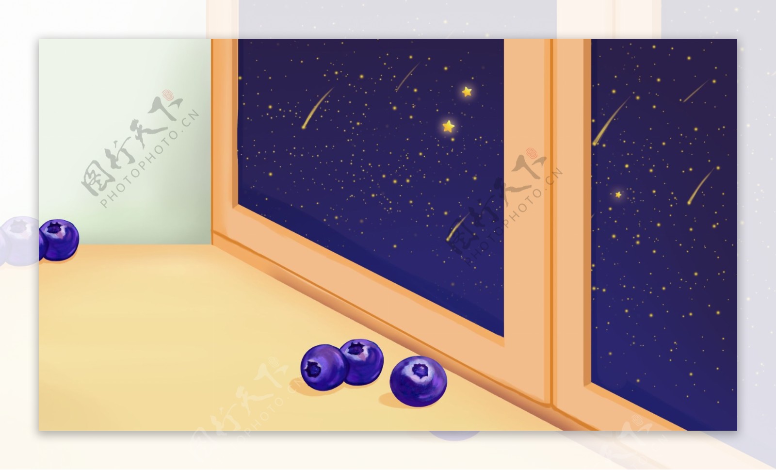 夏日窗外的星空蓝莓背景素材