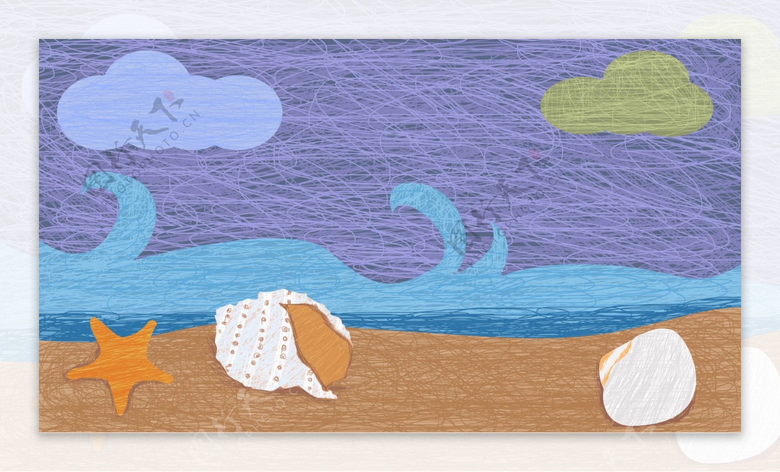 彩色手绘线性海滩banner背景素材
