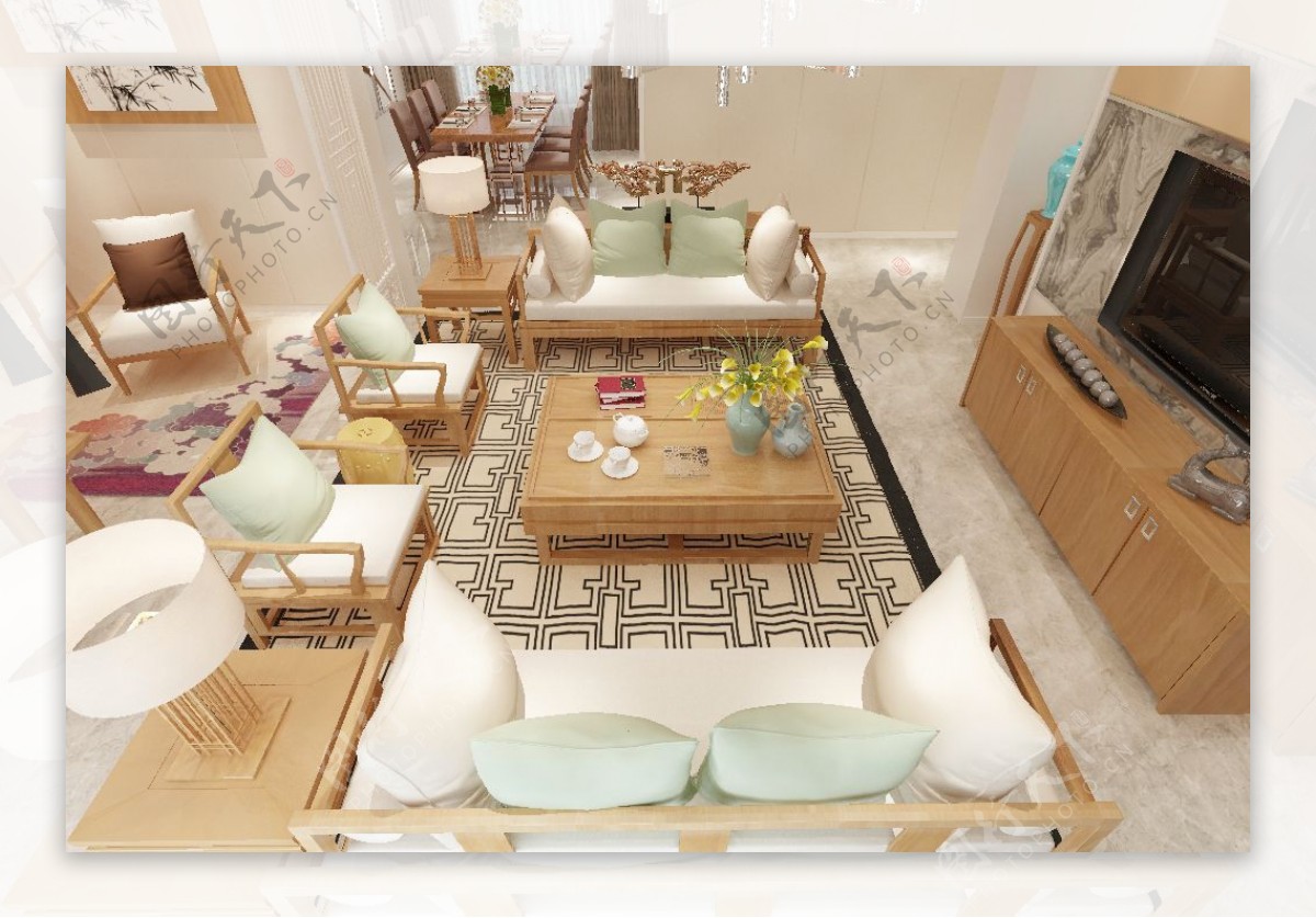 新中式原木简约效果图茶具沙发