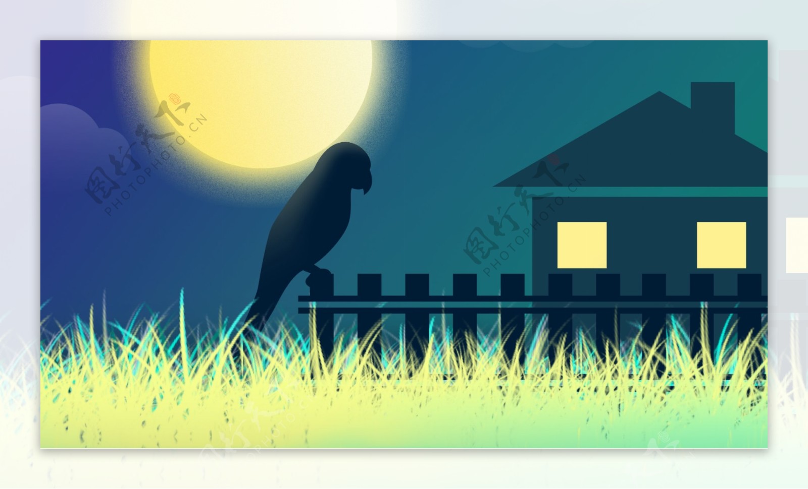 手绘月光下的房子鹦鹉背景素材