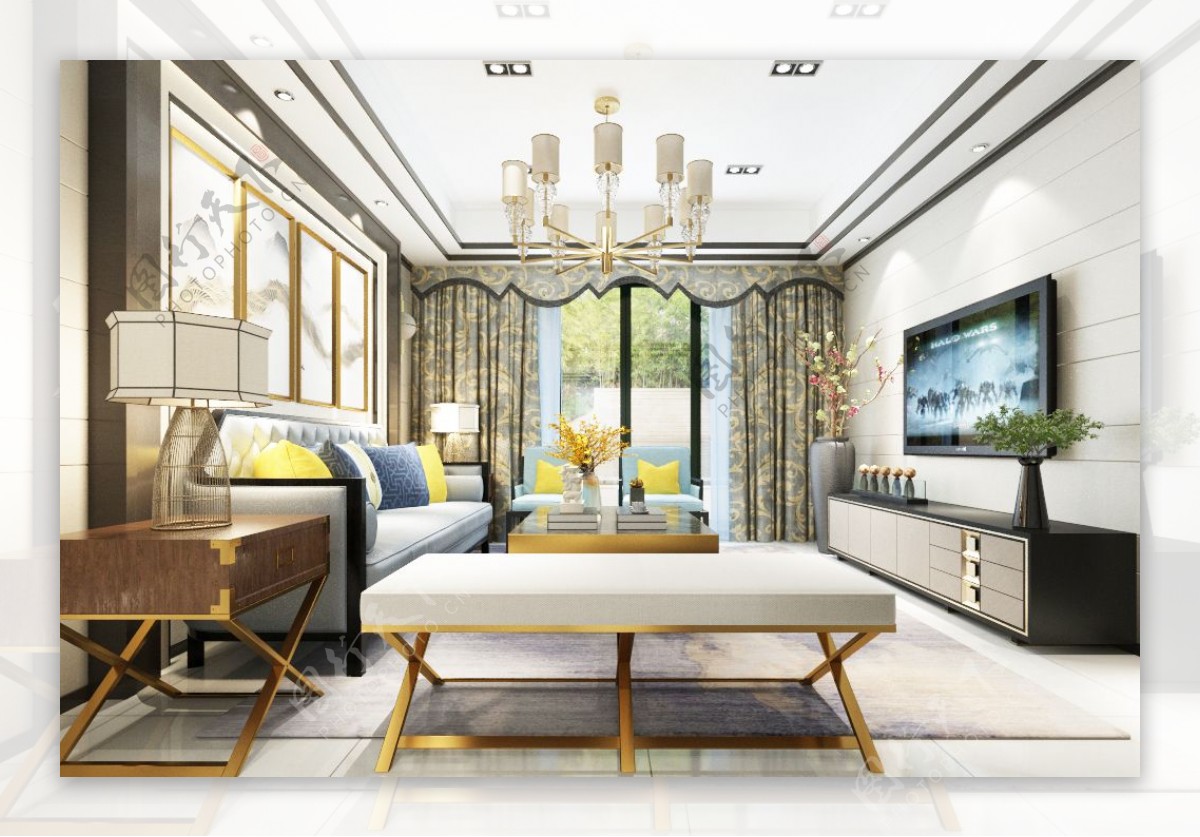 中国风新中式客厅装饰装修效果图