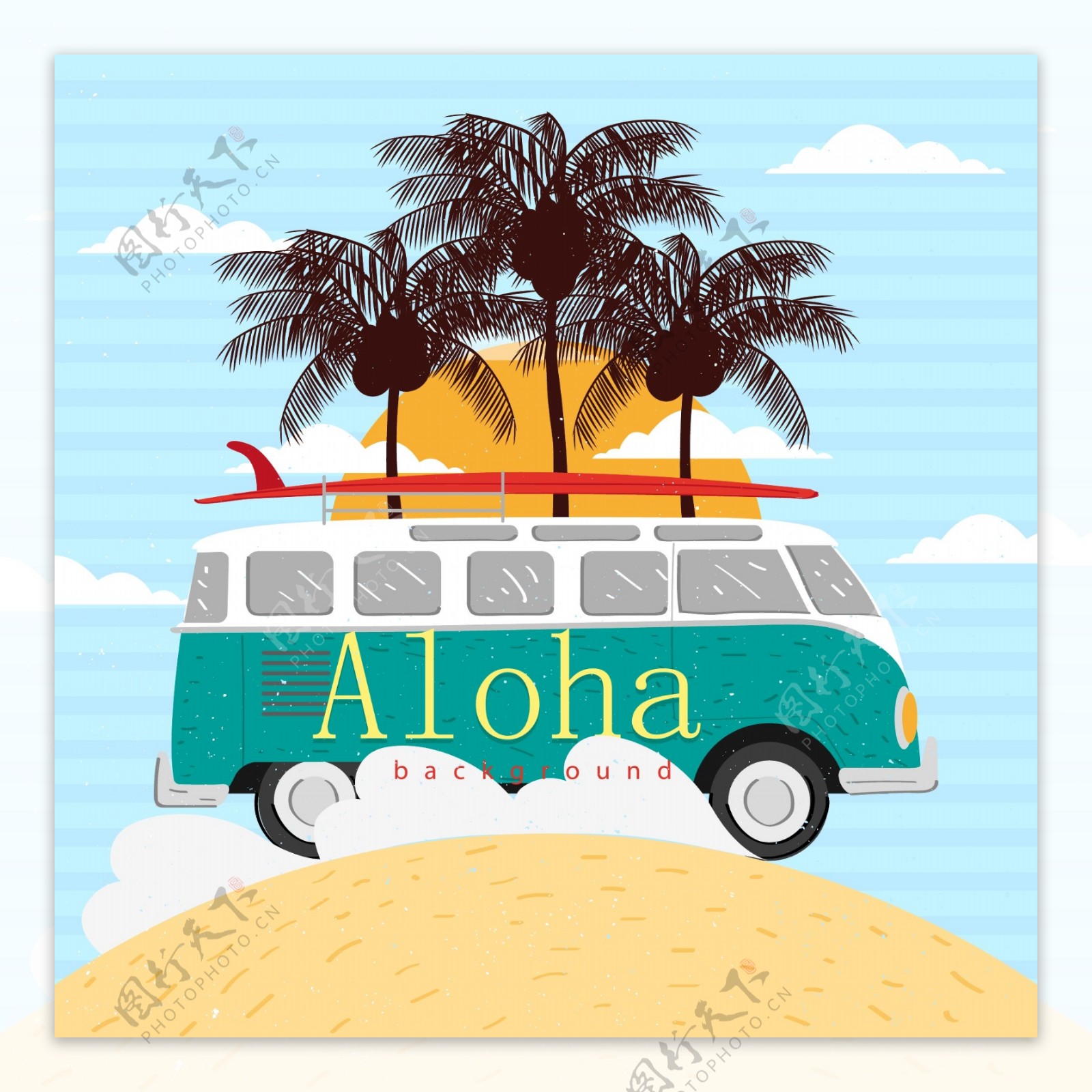 创意夏威夷沙滩度假车矢量素材