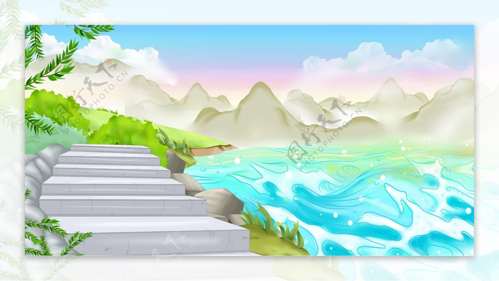 清新手绘河流石阶插画背景设计