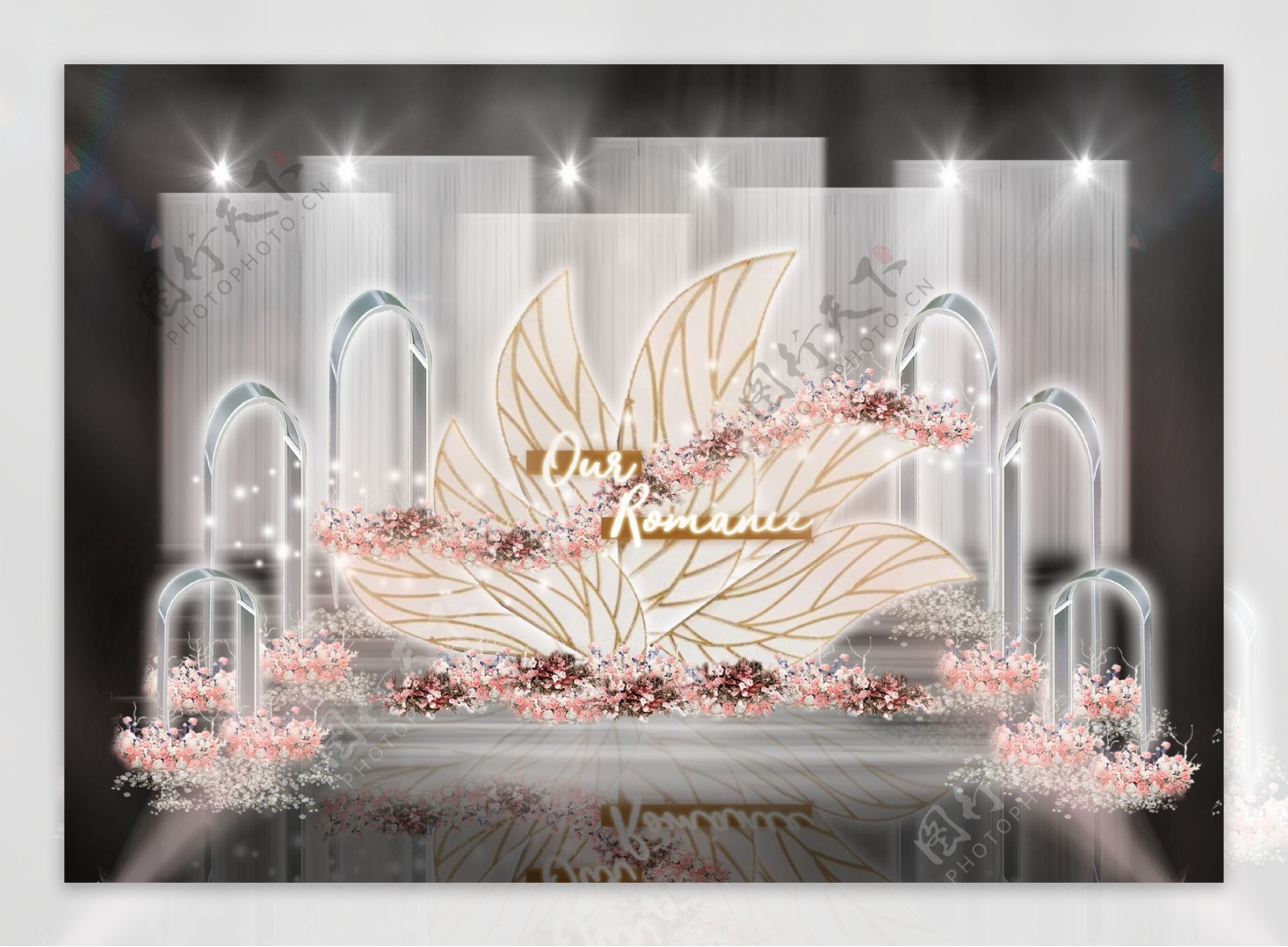 粉色花瓣扇形背景玻璃拱门艺术婚礼效果图