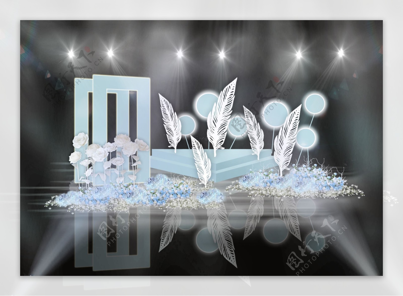 蓝色双层舞台镂空屏风叶子雕塑婚礼效果图
