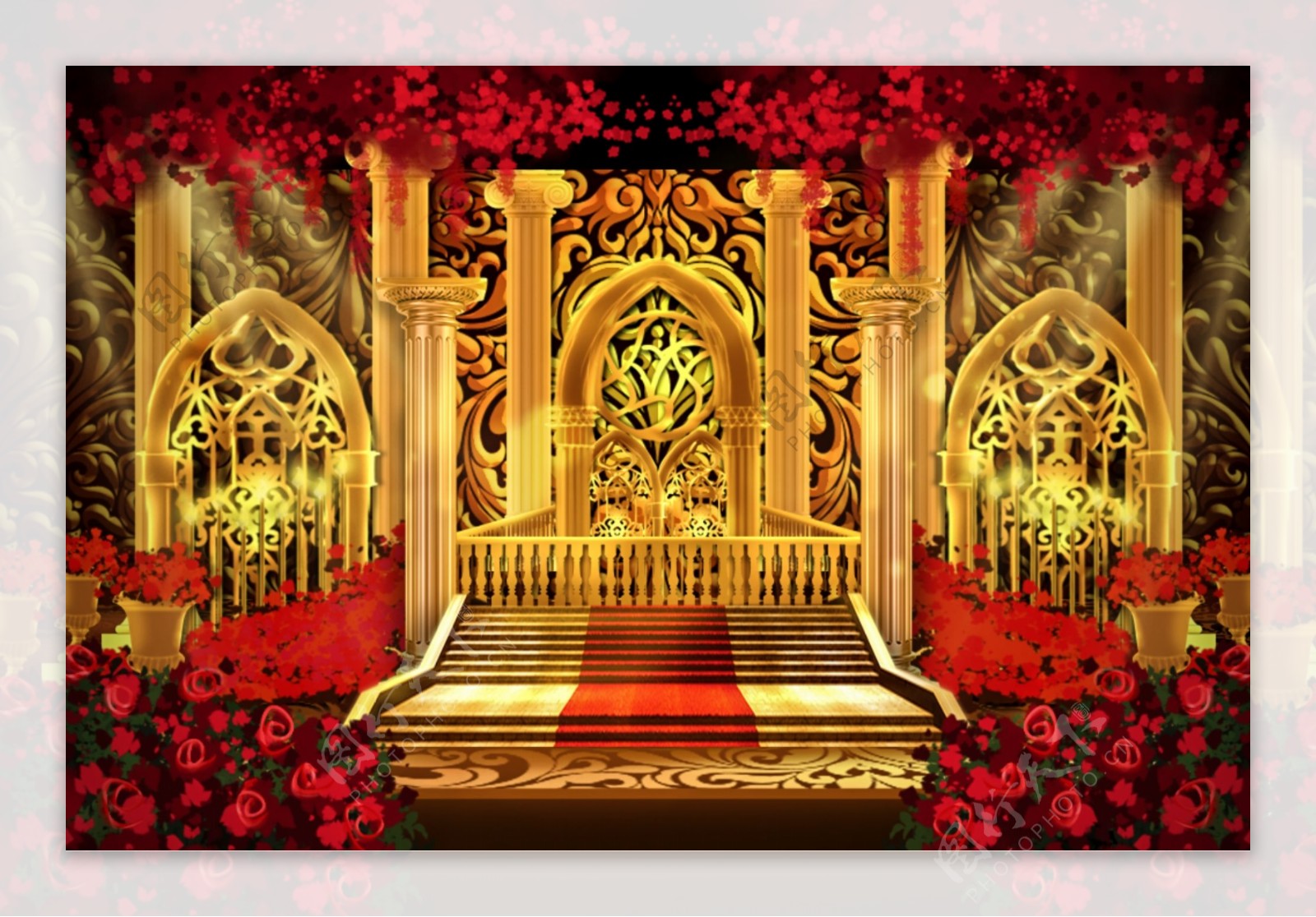 欧式红金罗马柱拱门层次婚礼效果图