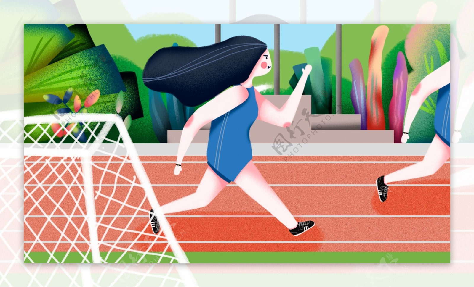 操场上跑步比赛的女生卡通背景