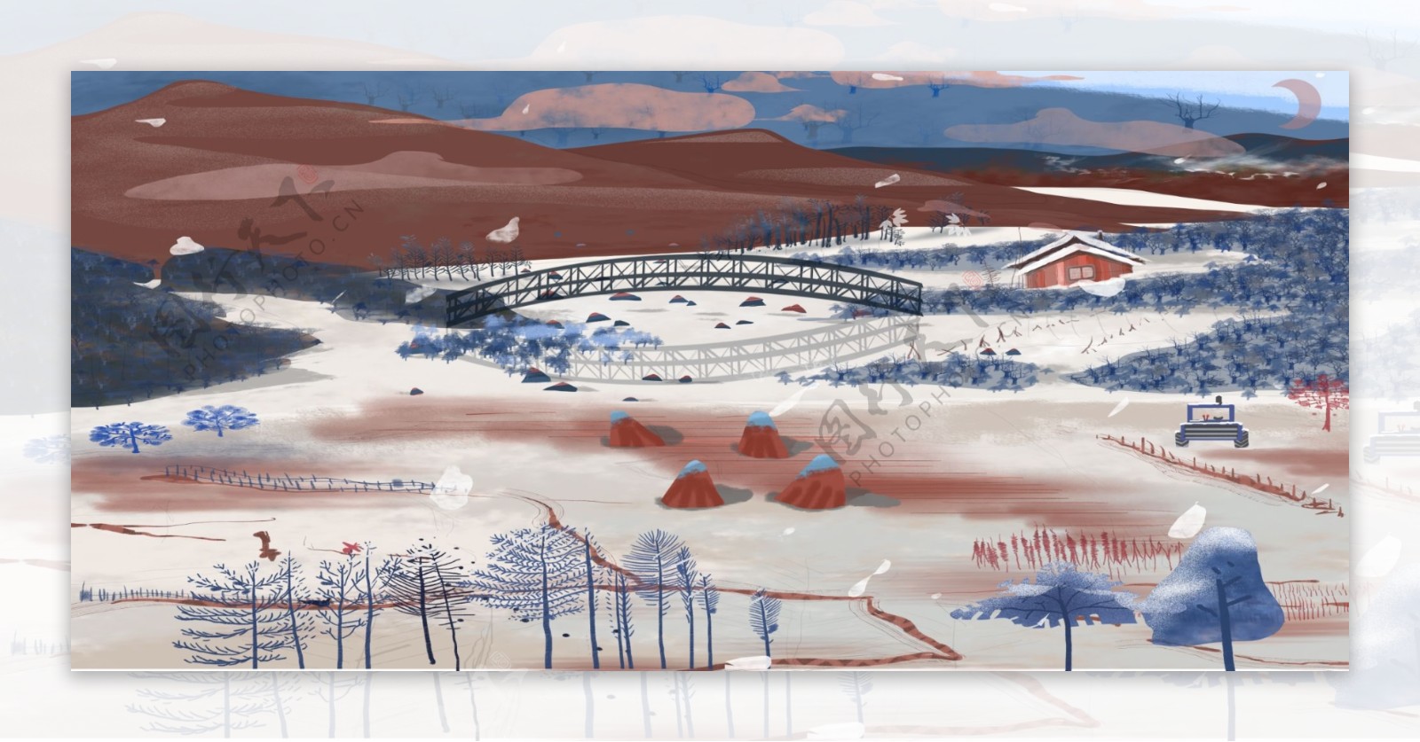 彩绘平原雪景插画背景设计