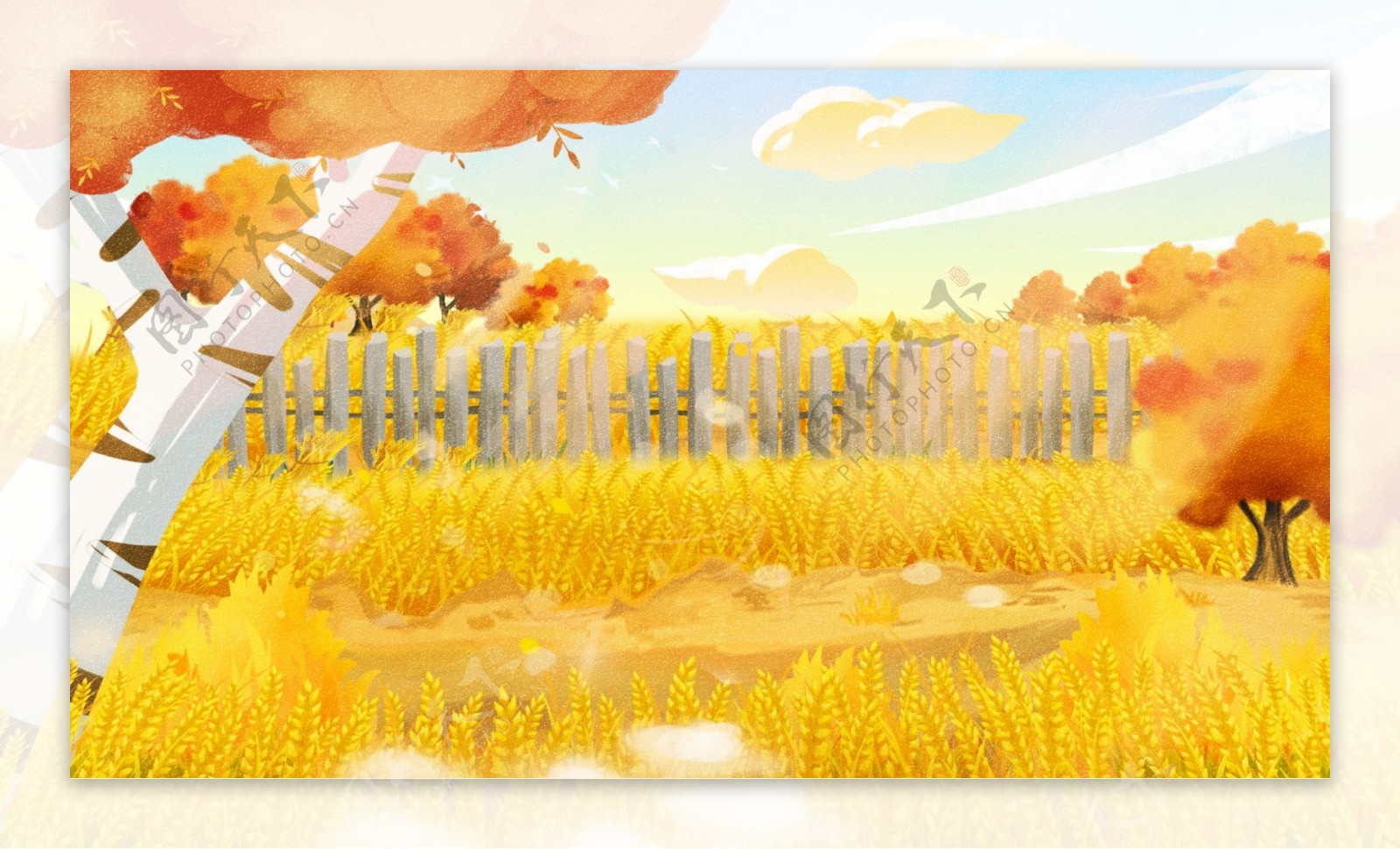 秋季麦田小麦树木背景设计