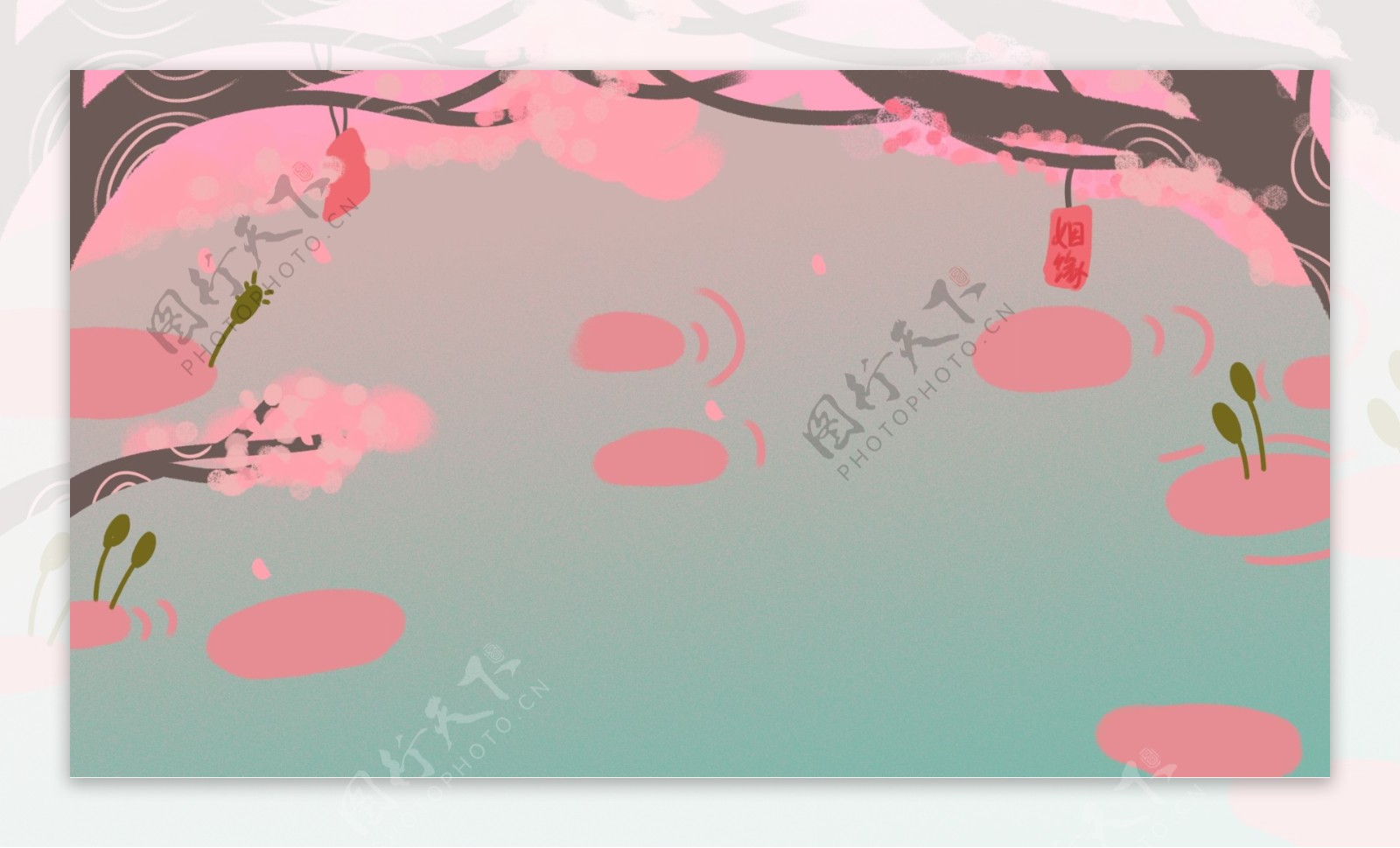 彩绘粉色树下的池塘背景素材