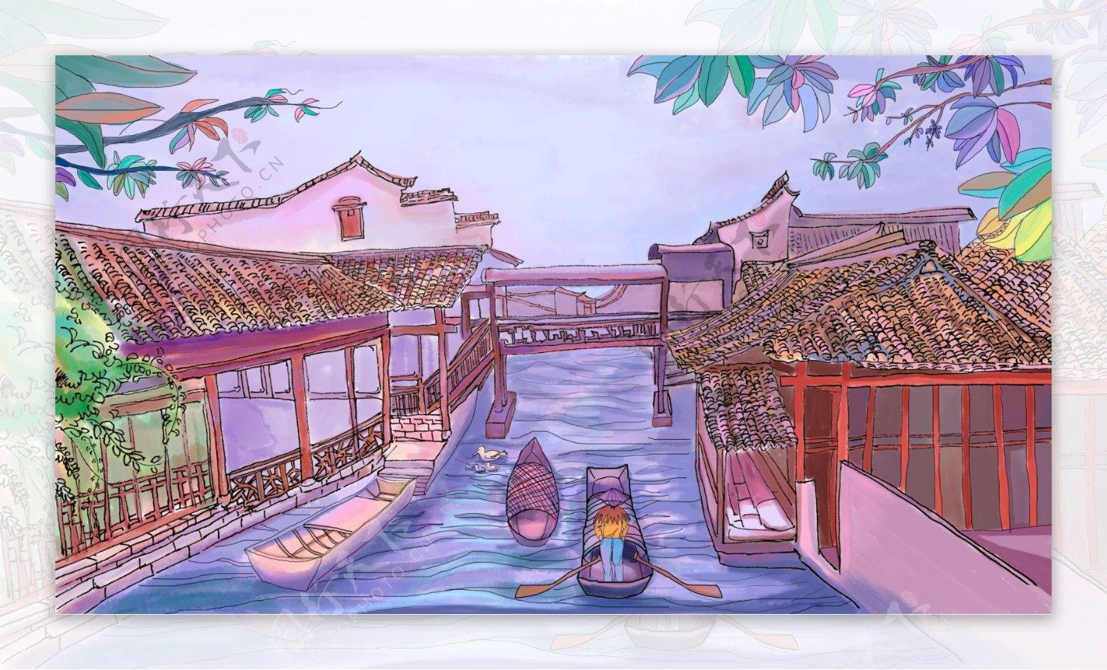 中国古镇建筑卡通背景