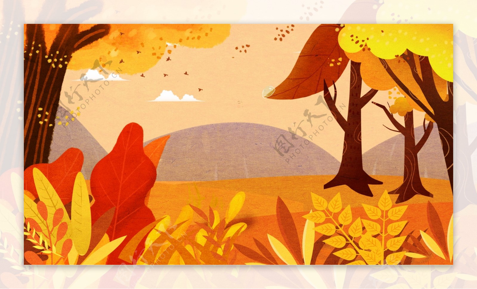 唯美秋季树林远山插画背景设计