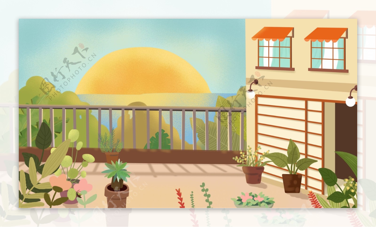 彩绘房子阳台露台日出背景设计