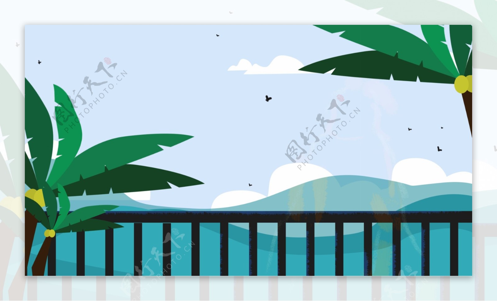 彩绘椰树栅栏背景素材
