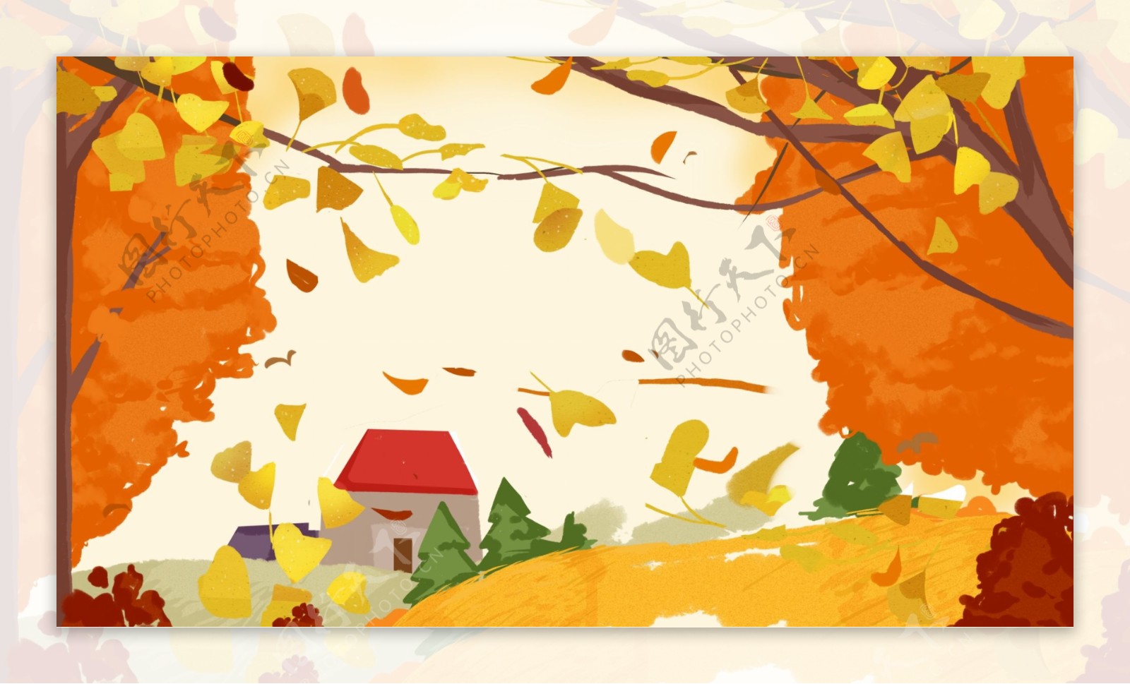 黄色树木小房子卡通背景