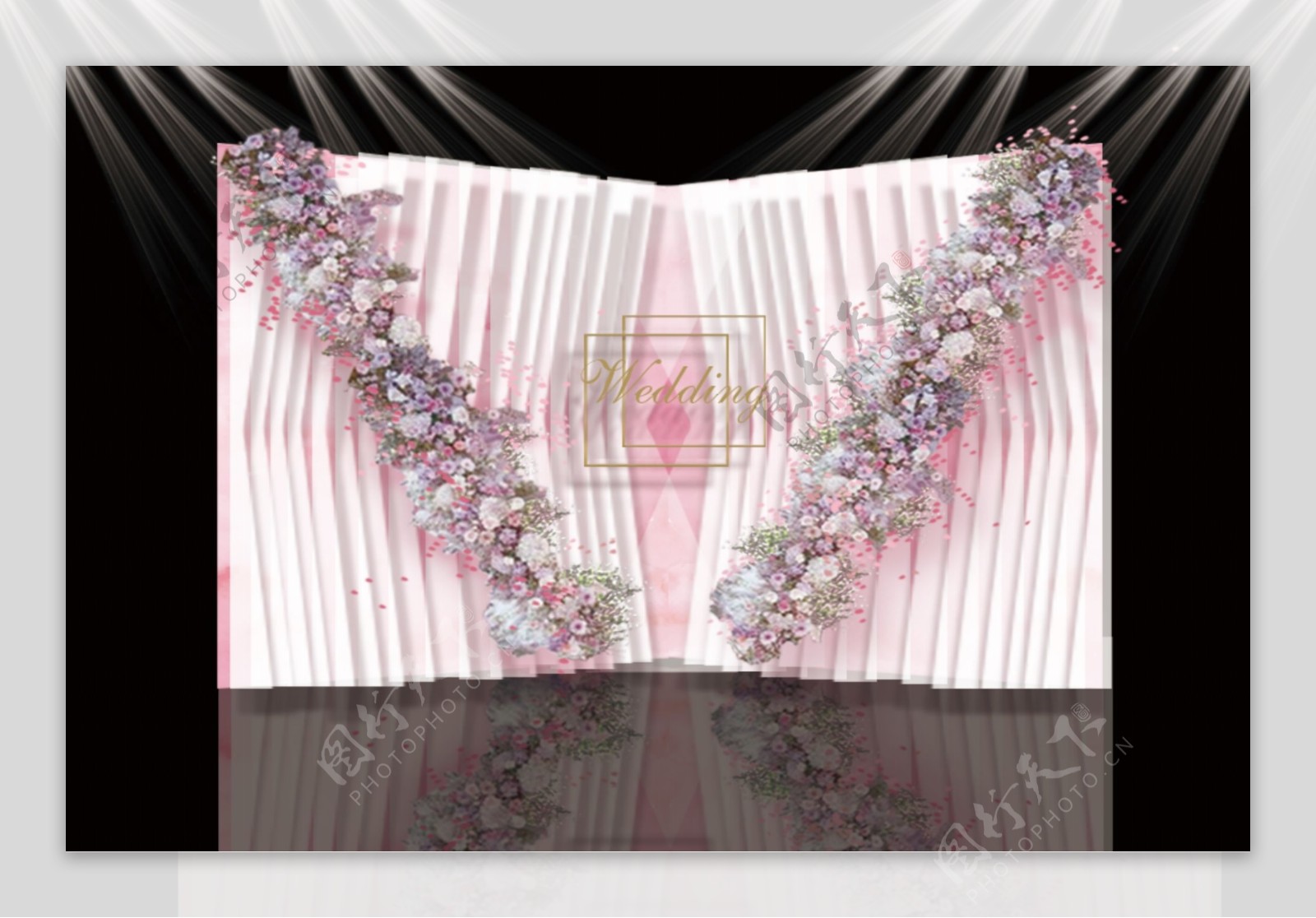 粉色水彩风褶皱纸鲜花效果婚礼迎宾区效果图