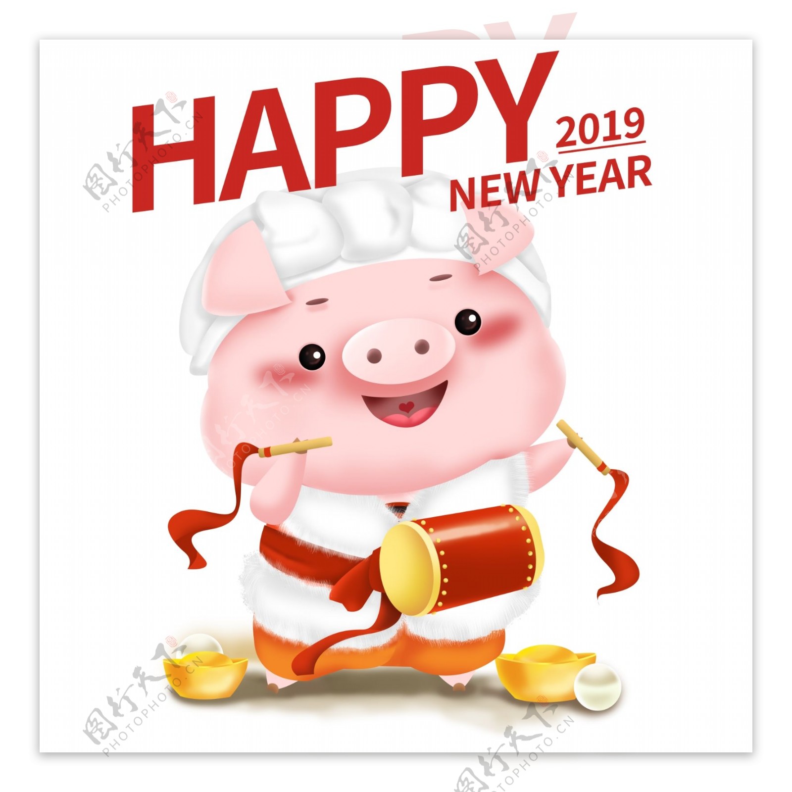 新年可爱猪立体IP卡通形象插画跳秧歌