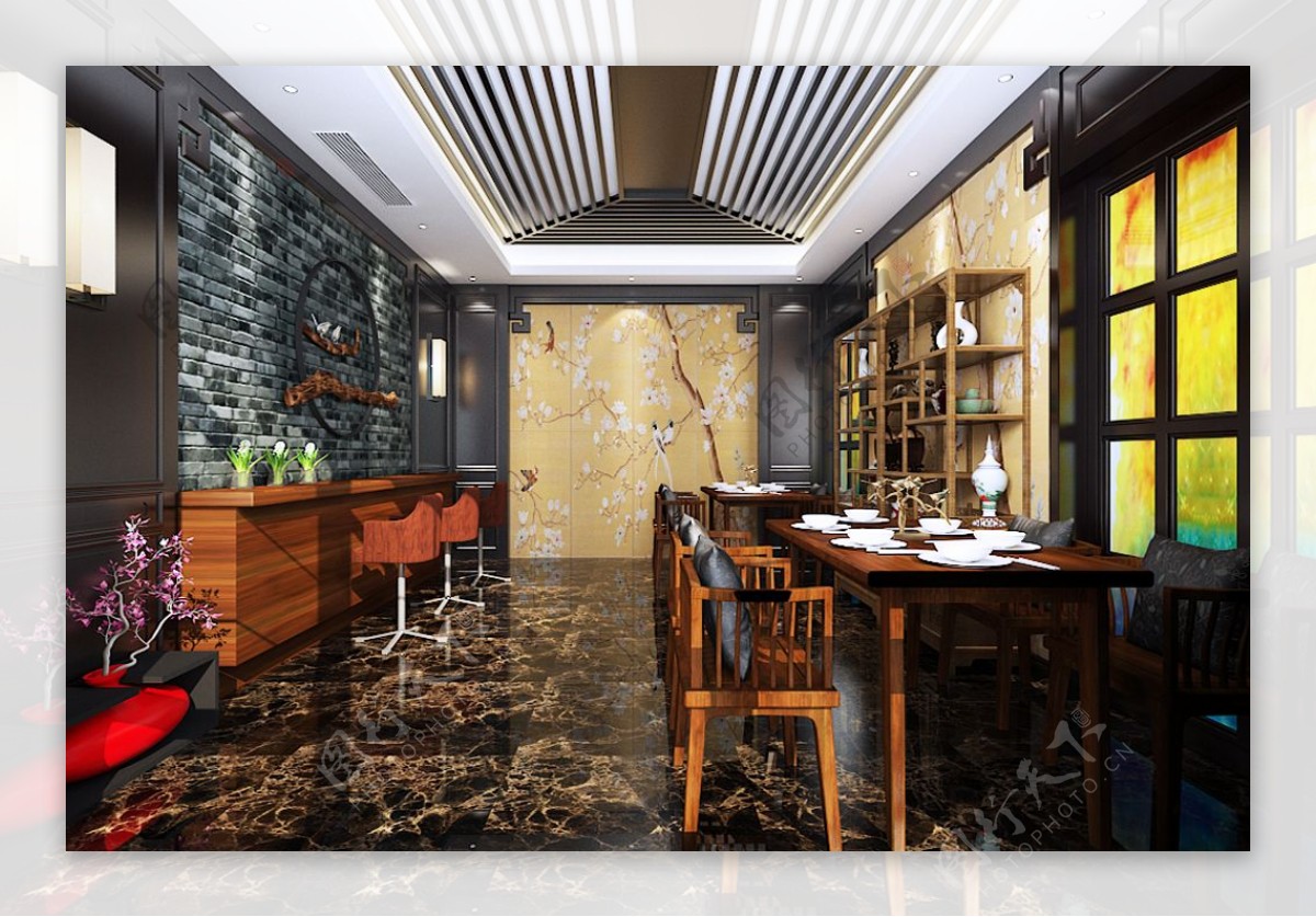中式餐厅散客区3D花鸟典雅