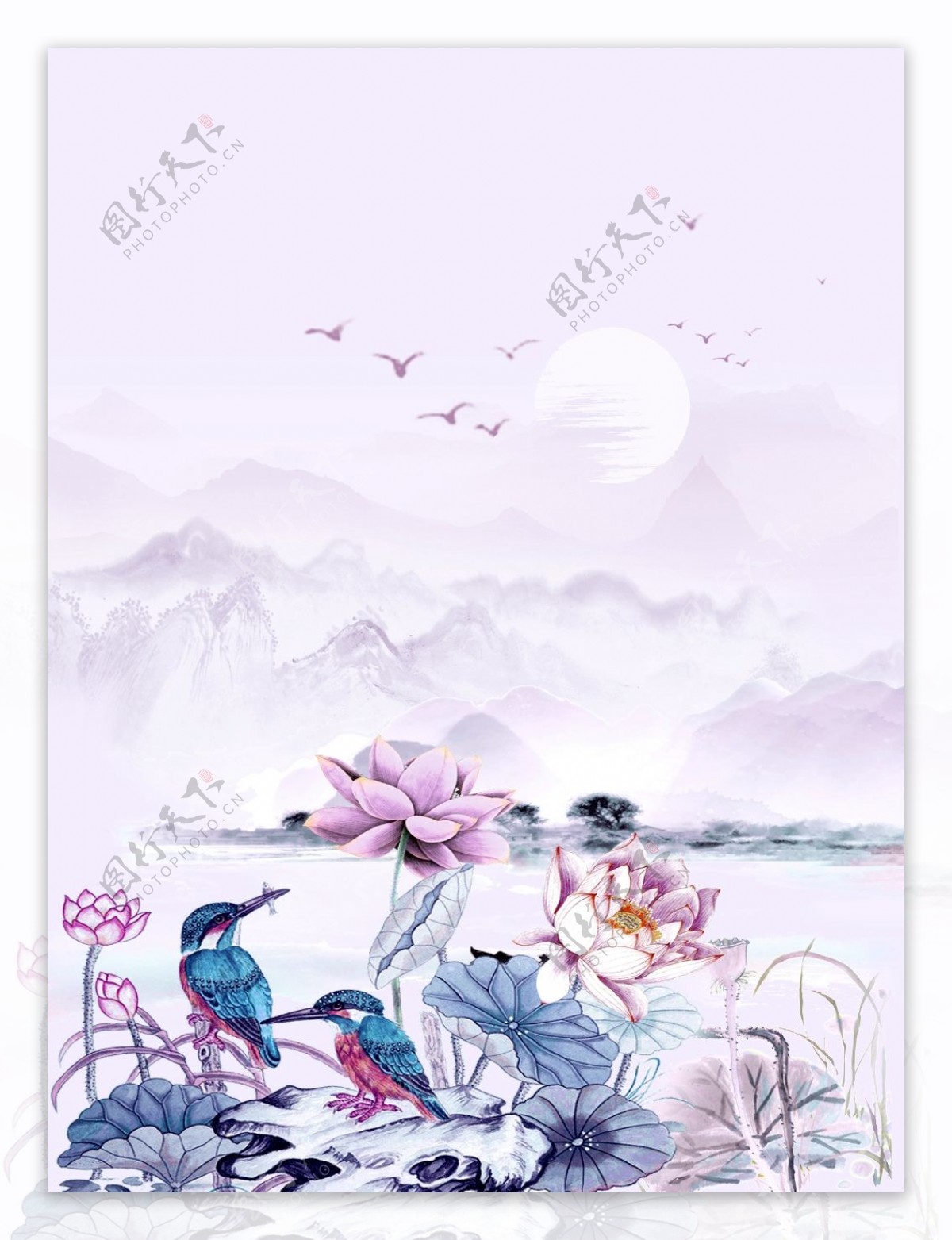 淡紫粉色中国风山水图案