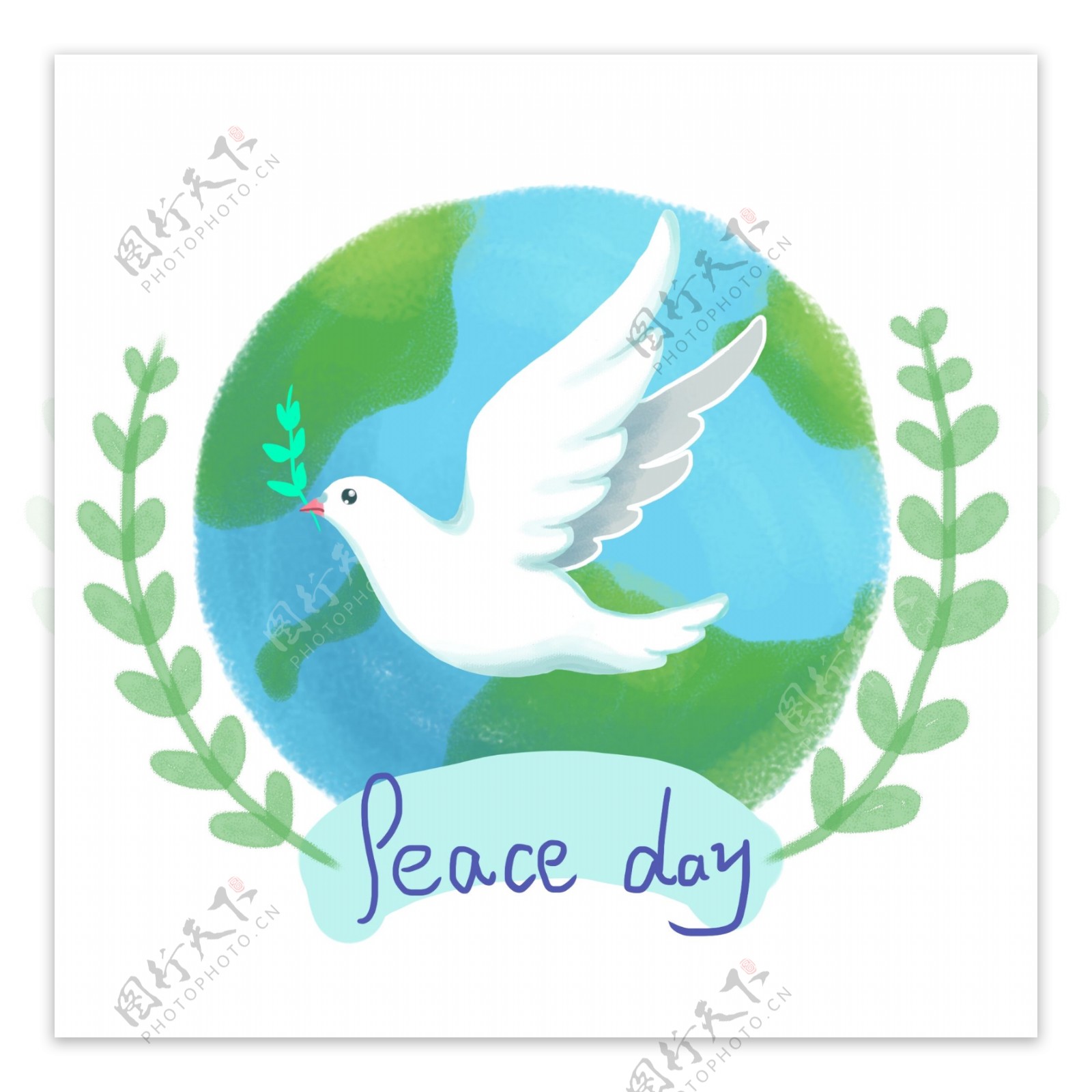 国际和平日手绘小清新鸽子橄榄枝地球插画