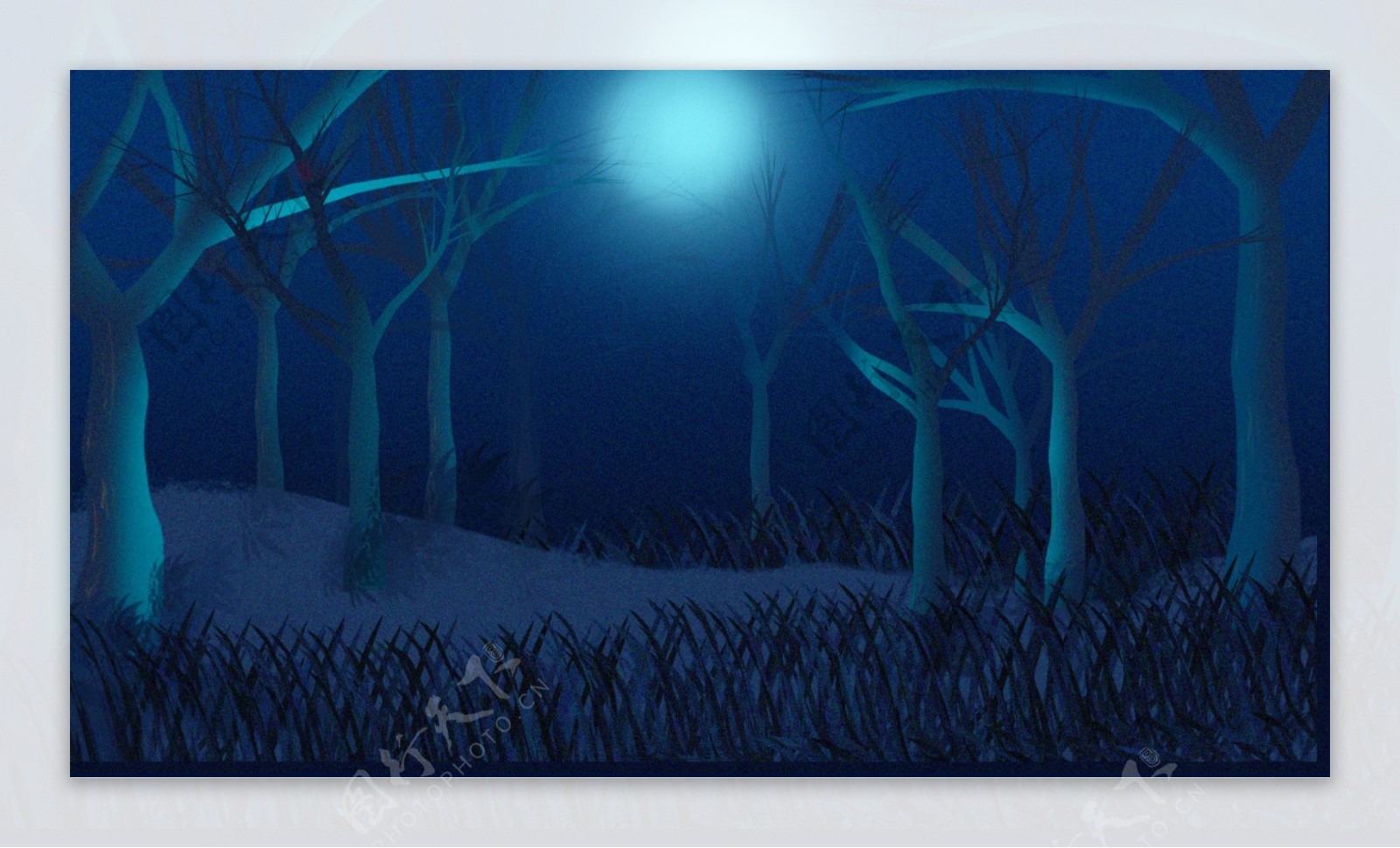 夜晚树木白色月亮卡通背景