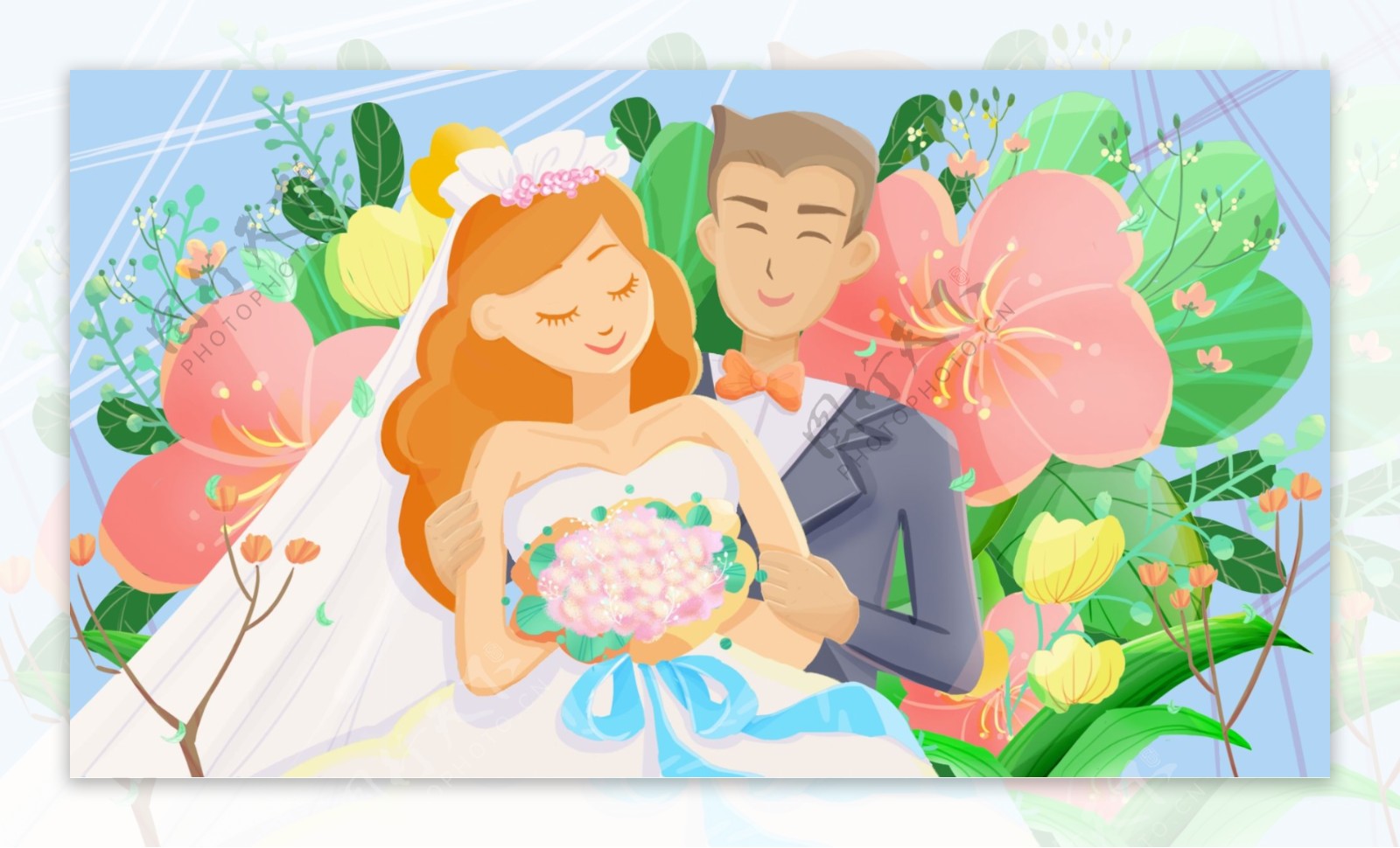 结婚幸福的新娘和新郎花朵卡通背景