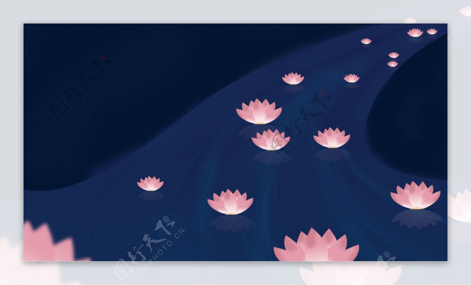 夜晚小河中的莲花花灯卡通背景