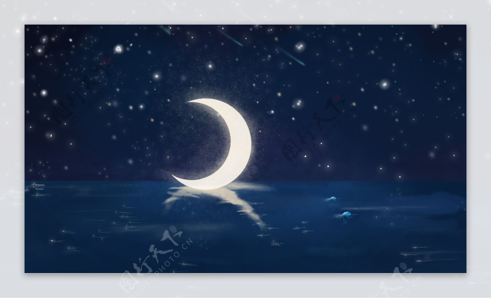 蓝色湖面上的弯弯的月亮星空卡通背景