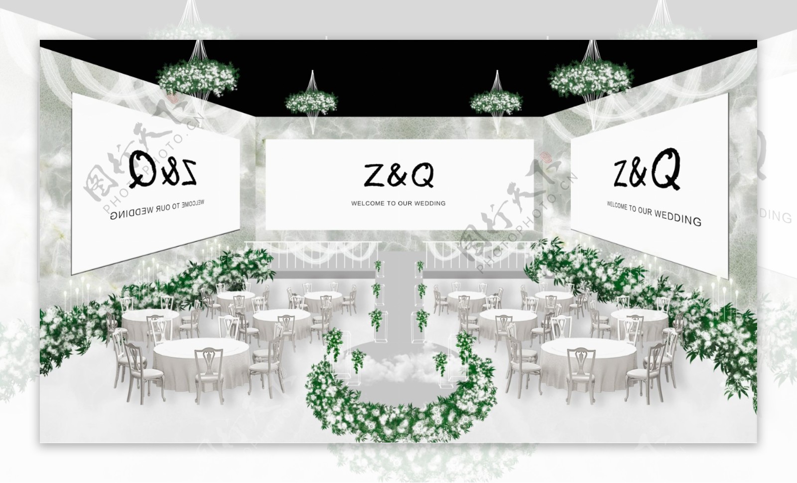 白色布景婚礼席位花朵绿叶装饰卡通背景
