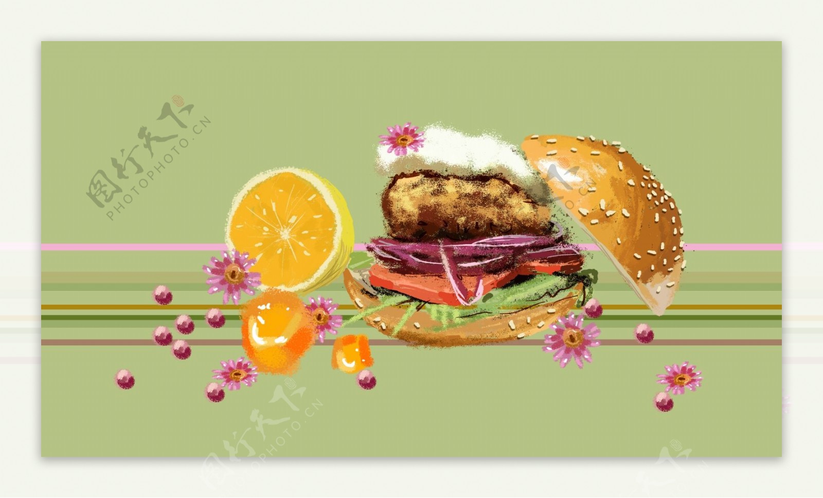 金色汉堡水果绿色卡通背景