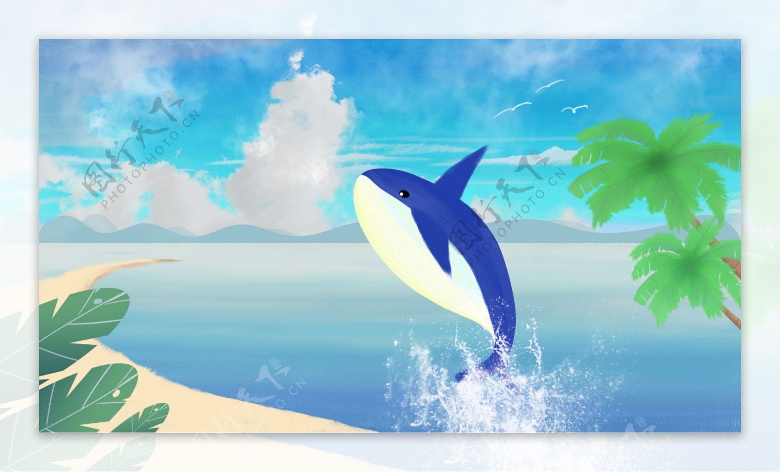 蓝色海洋中跳起的蓝色鲸鱼绿叶卡通背景