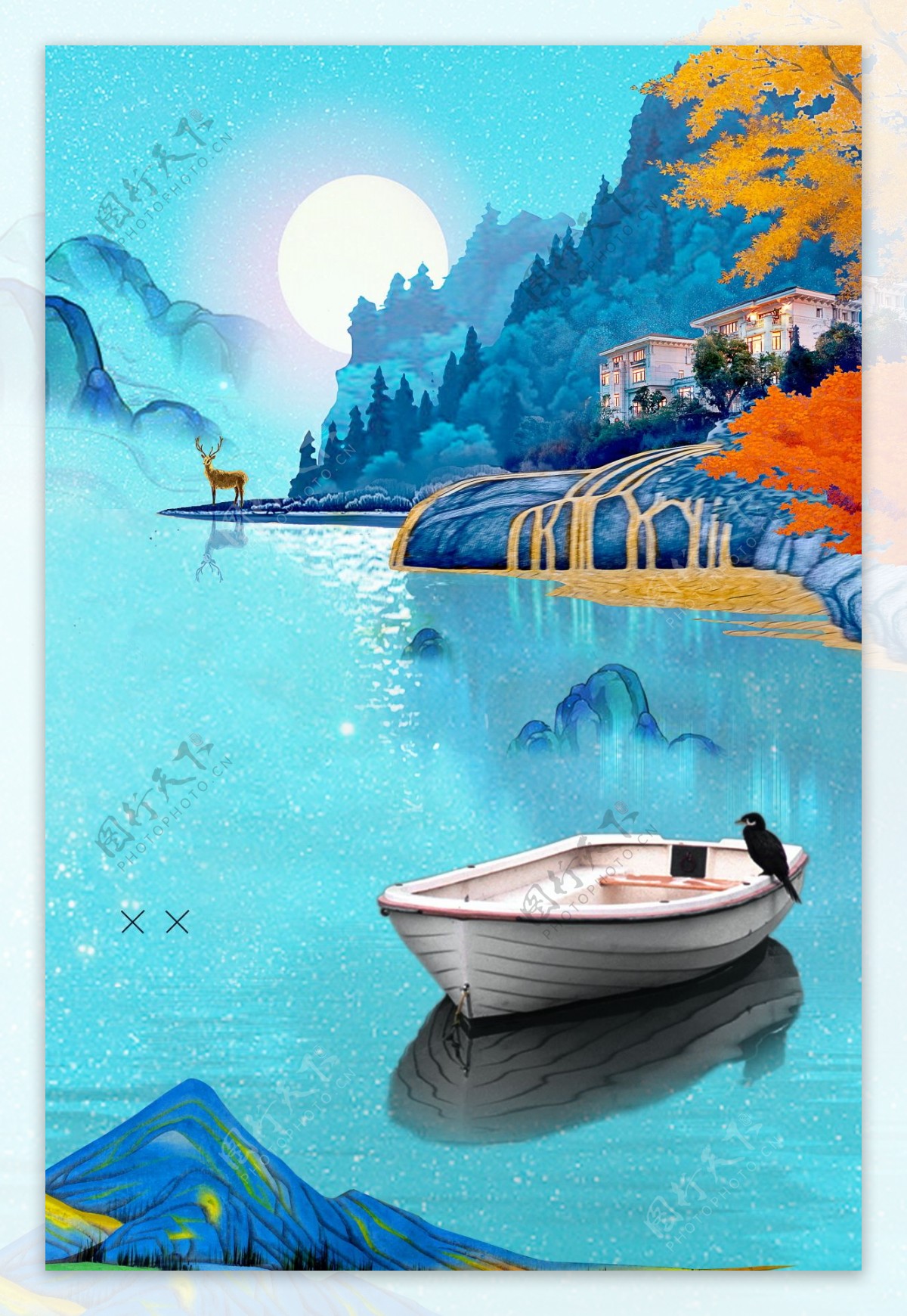 蓝色寒露节气湖面远山船只海报背景素材