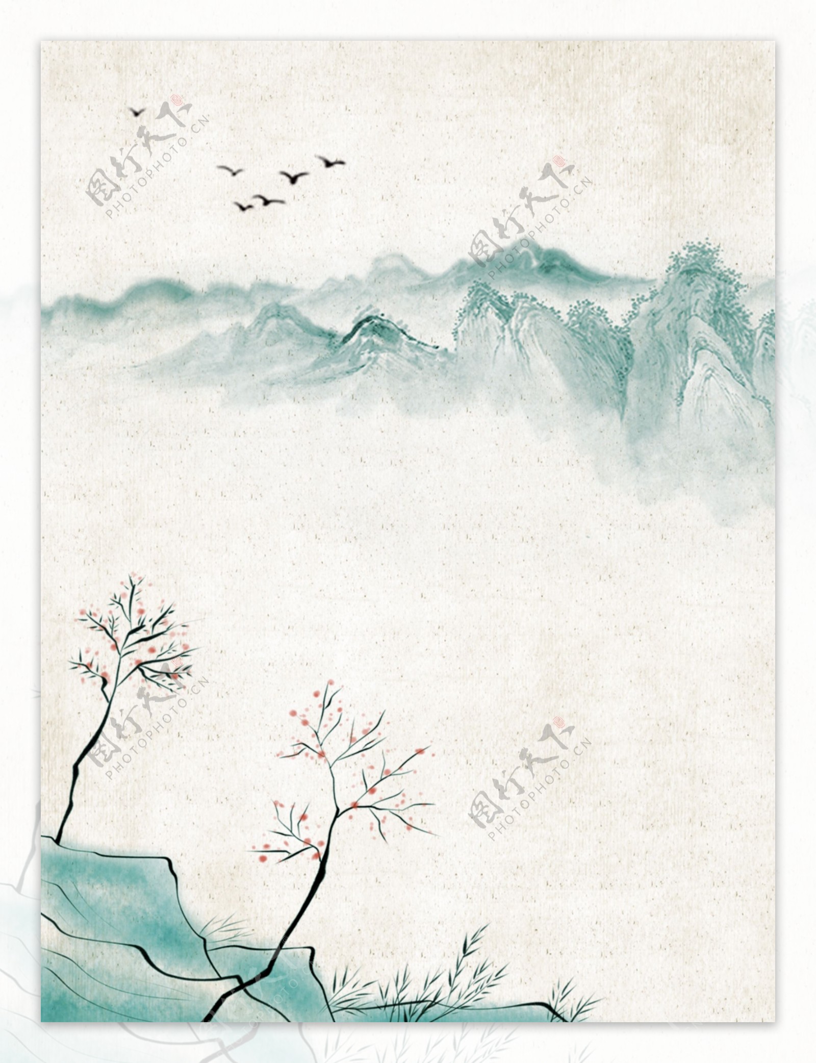 中国风淡彩复古水墨山水广告背景