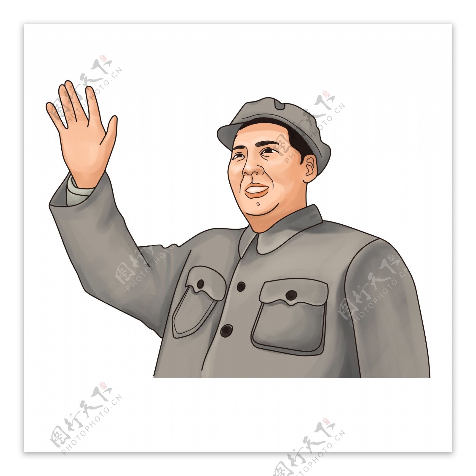 毛主席毛泽东手绘卡通写实挥手动作肖像