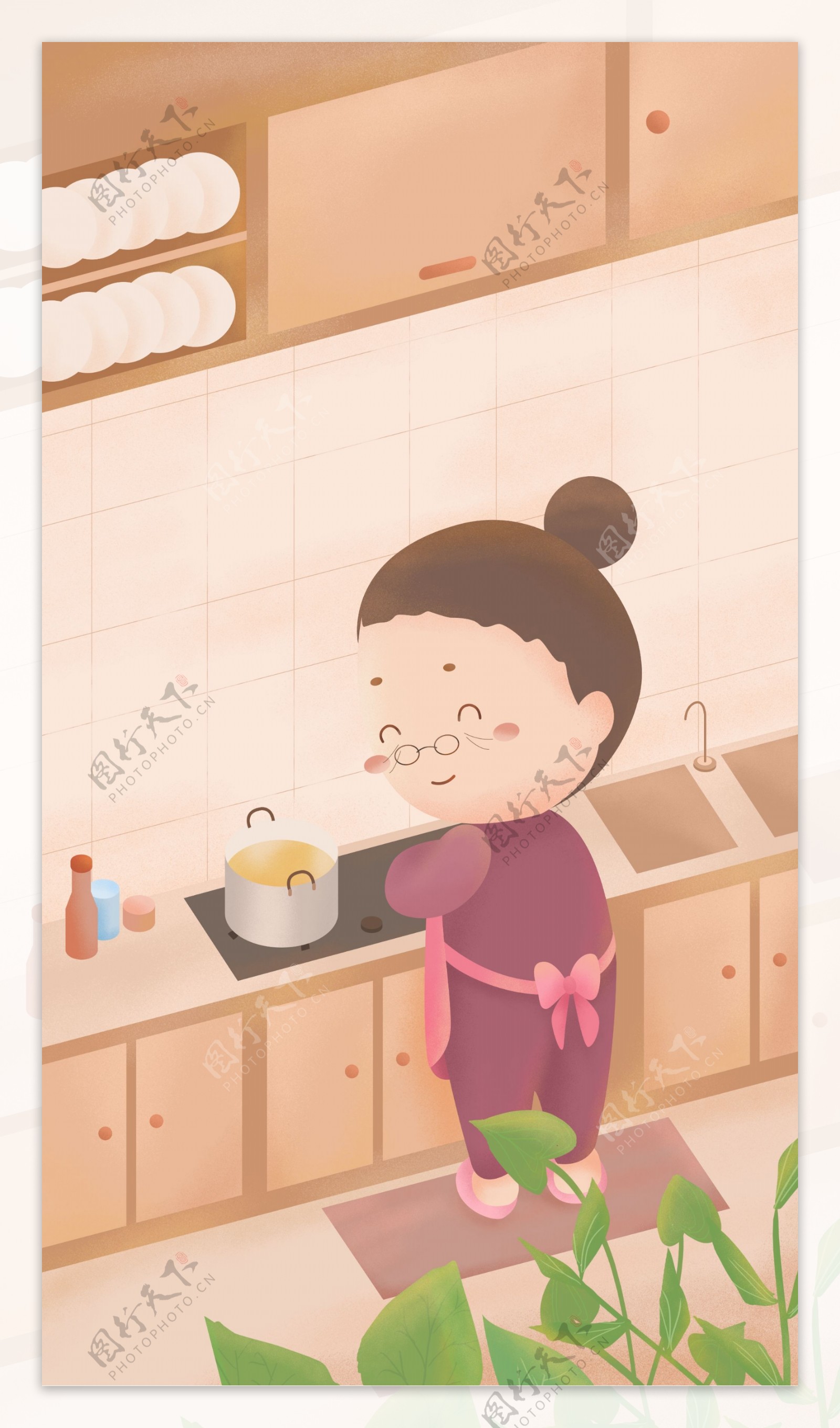 正在做饭的卡通妈妈海报背景
