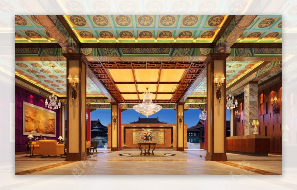 中式皇家风格酒店大堂3D模型