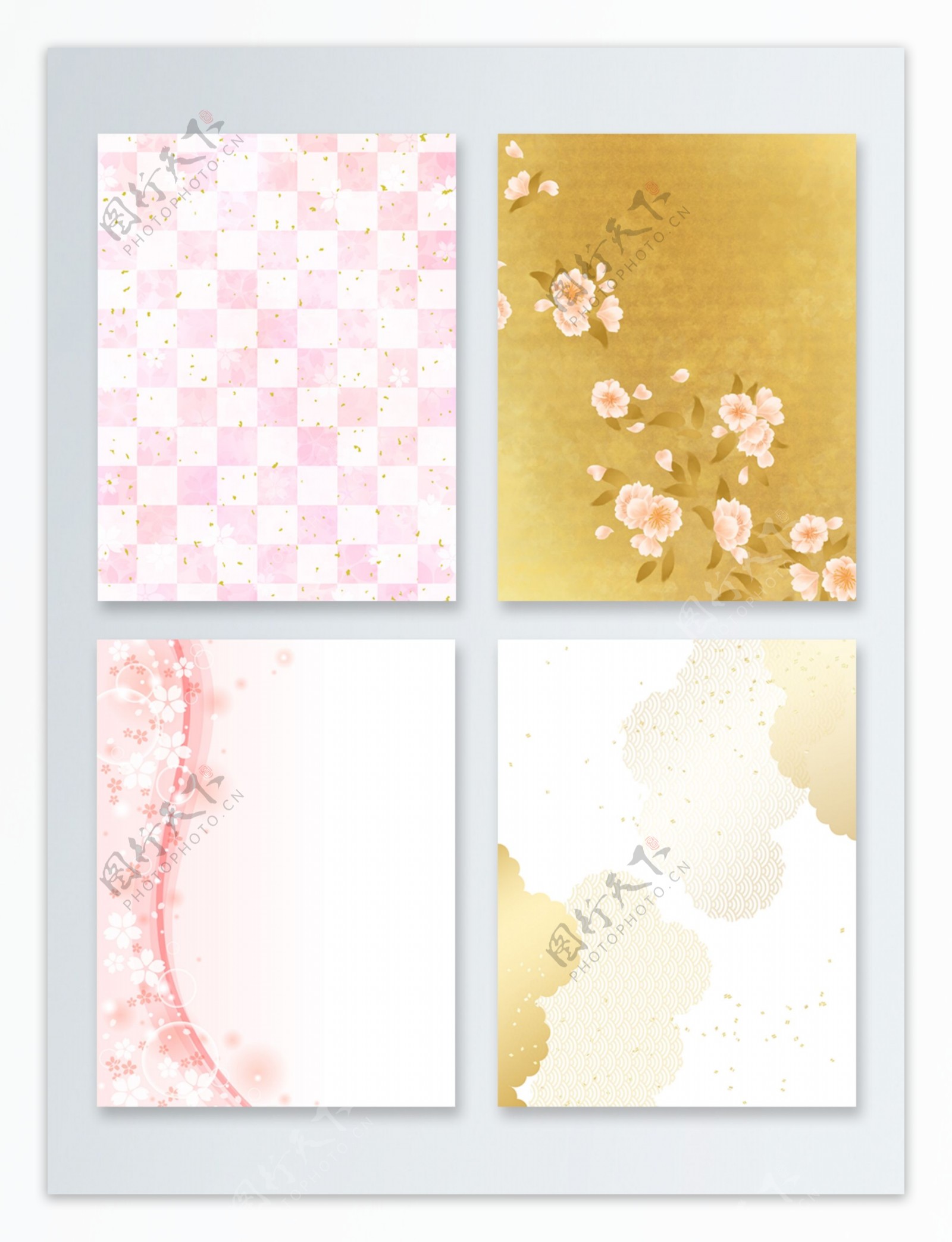 日式和风粉色樱花方格金色云纹唯美背景
