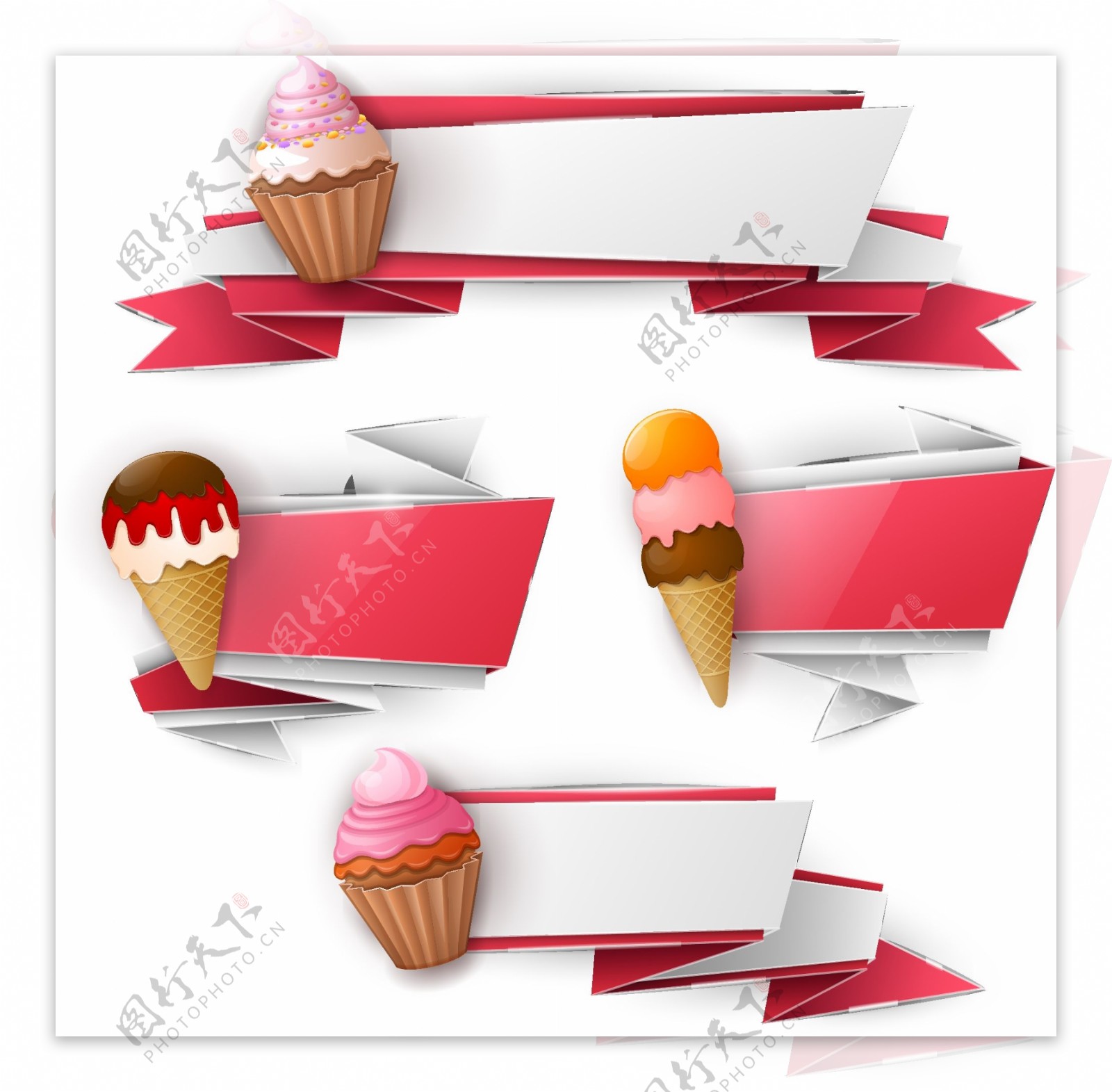 手工折纸与美味冰淇淋矢量图
