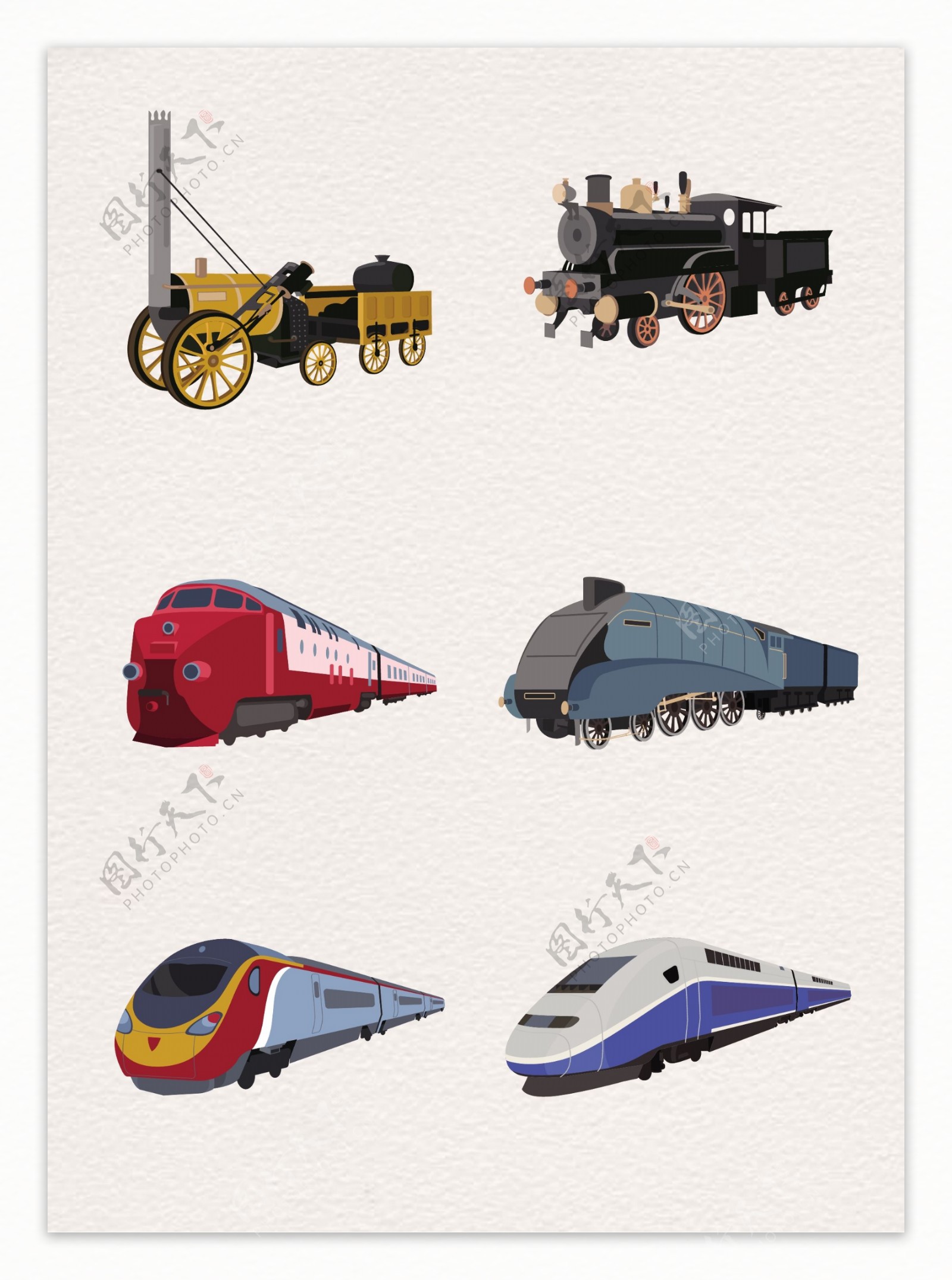 手绘高铁和老式火车矢量图片