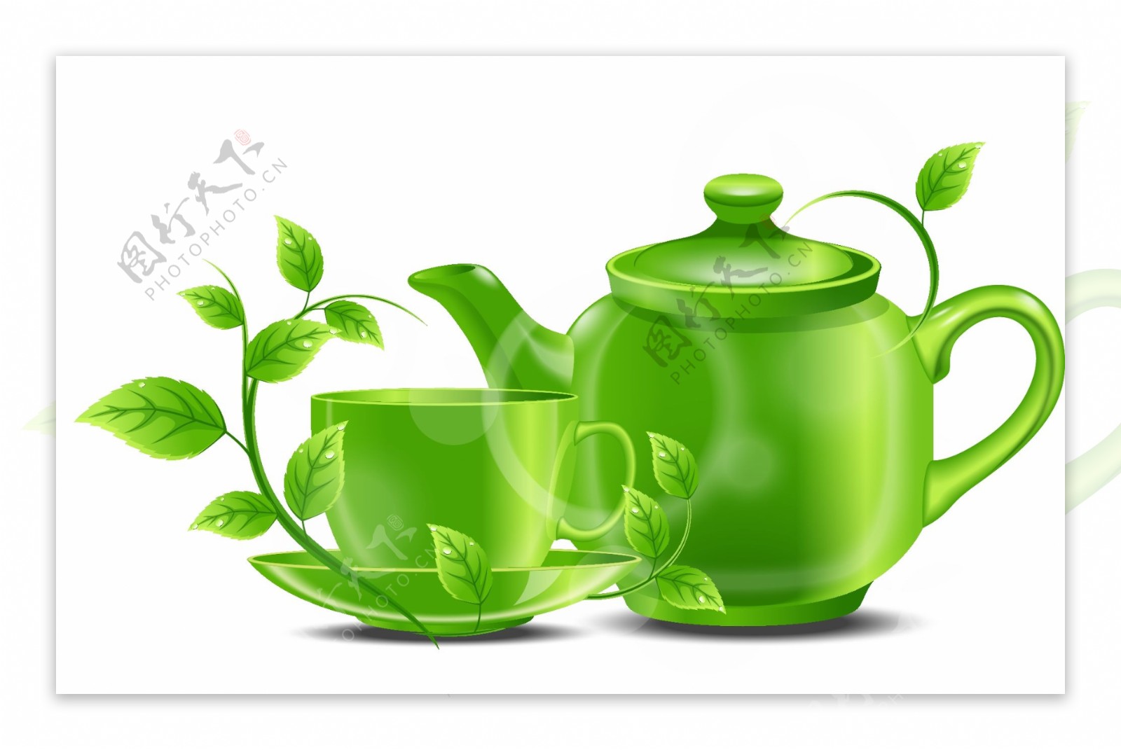 绿色薄荷与茶杯矢量图