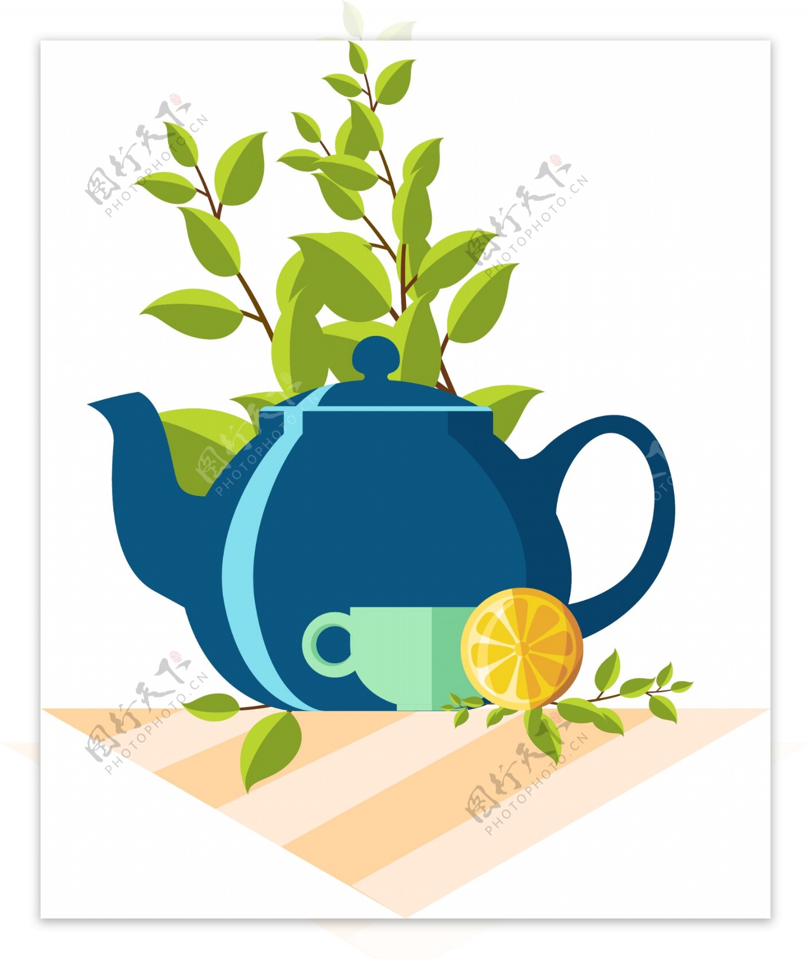 矢量蓝色茶壶与柠檬