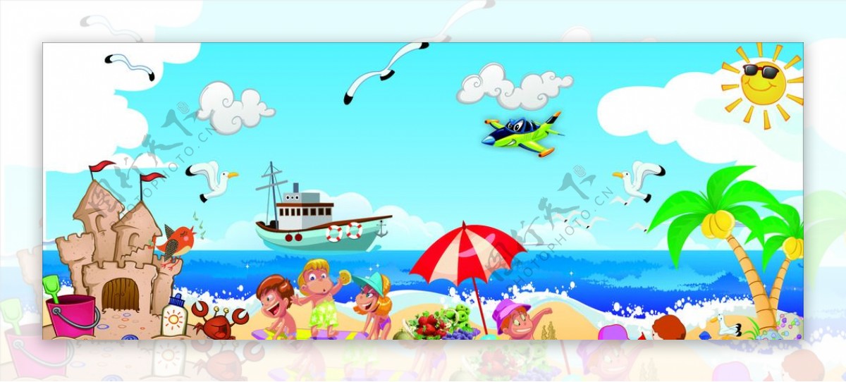 蓝天海景动物卡通图